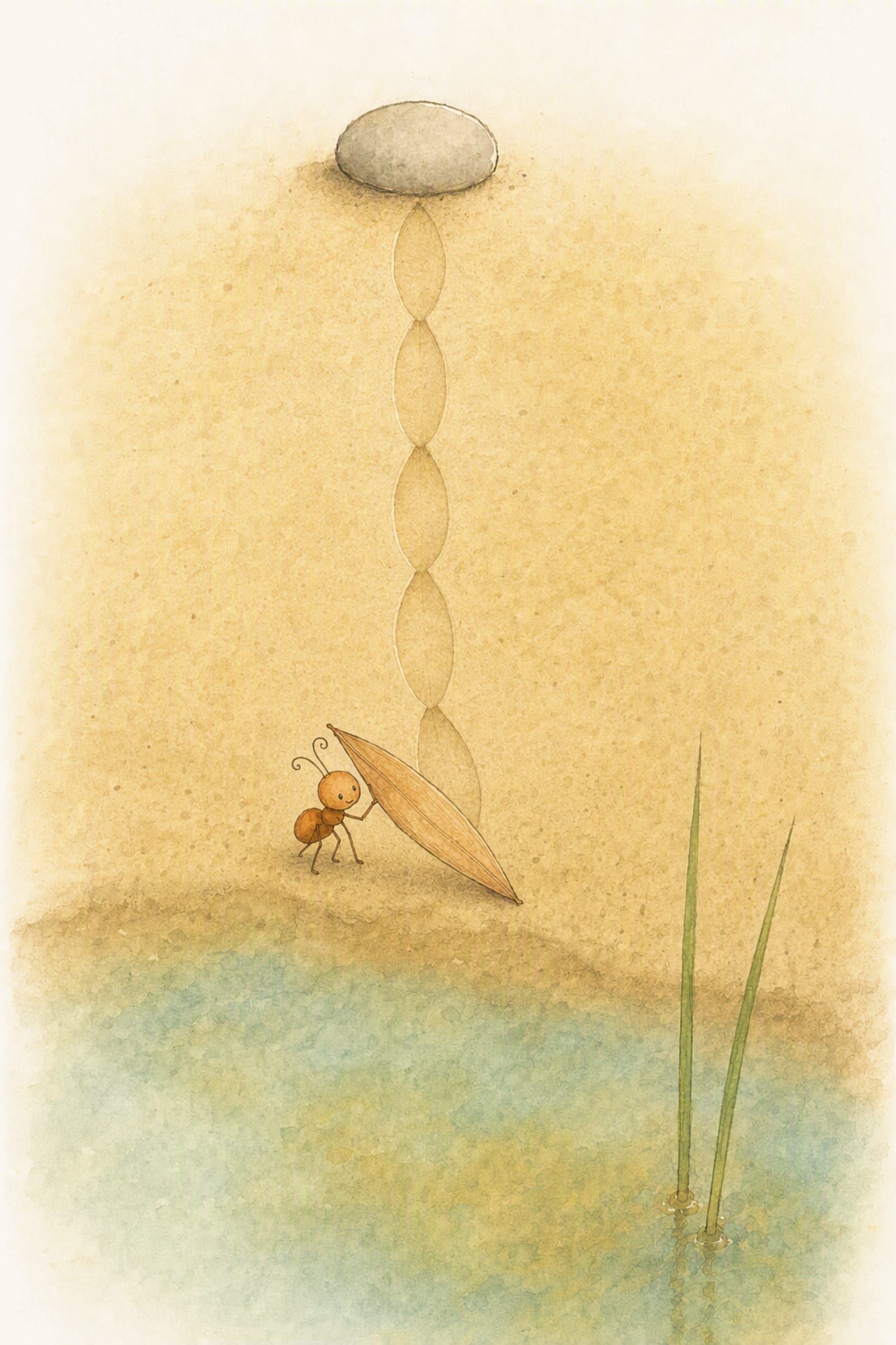 Pip tips a straight-edged leaf end over end down the damp sand towards the water, a connected chain of leaf prints running back up to the flat grey stone behind him.