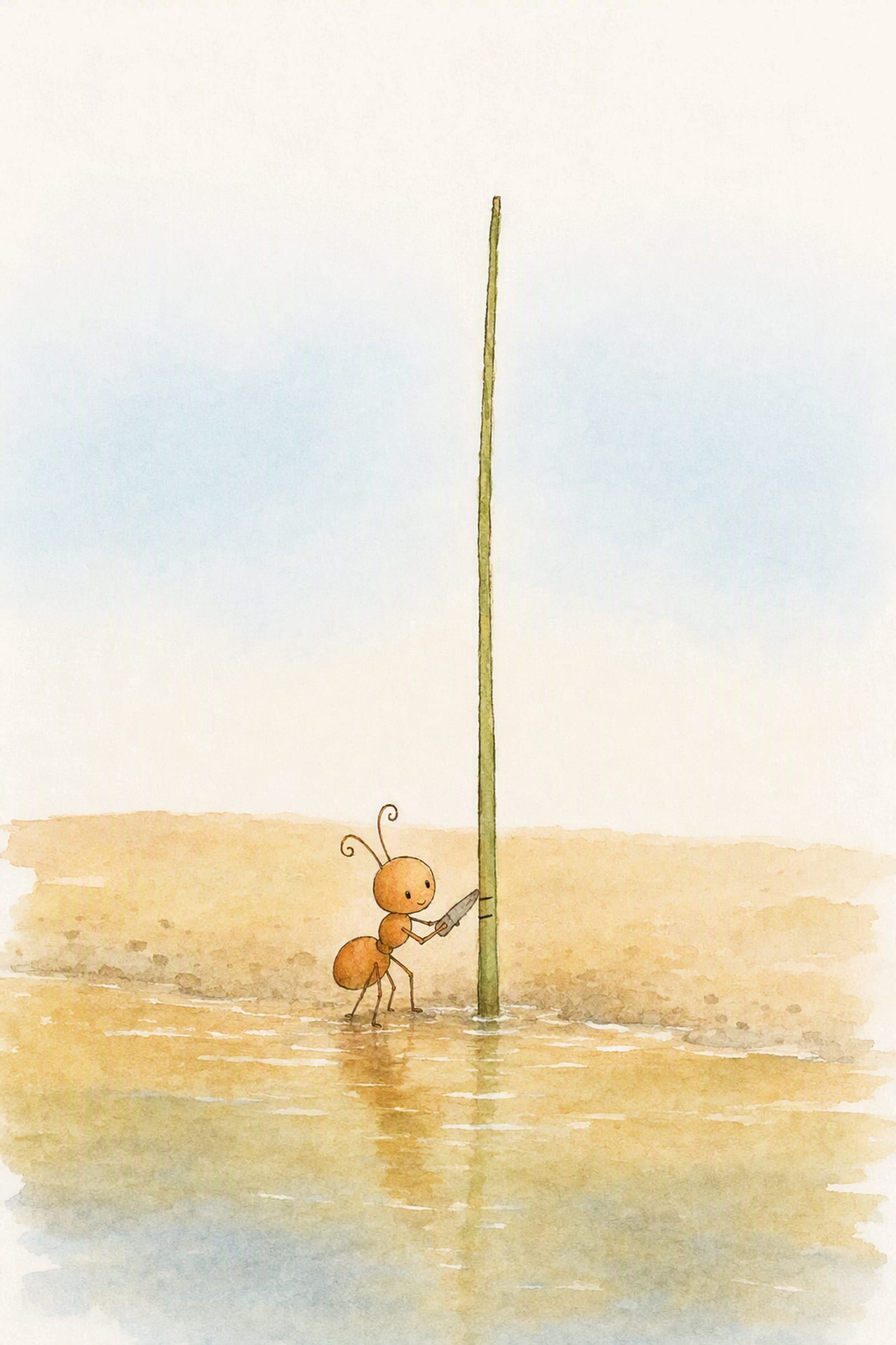 Pip scores a second small mark low on a thin reed standing in the shallow water at the sand's edge, solemn and businesslike.