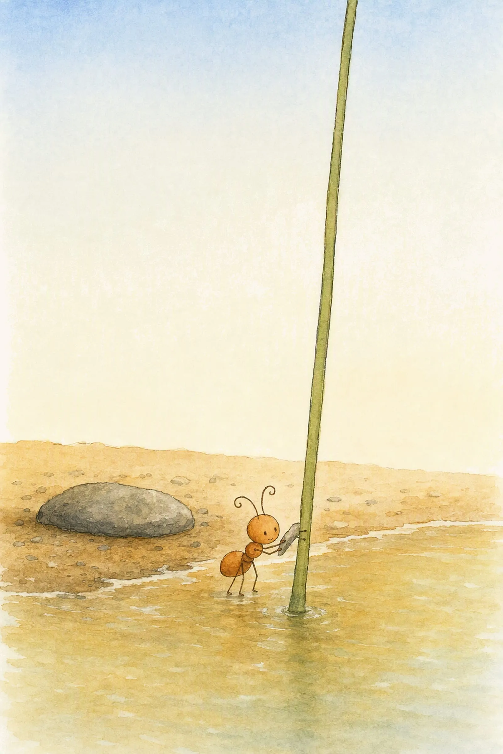 Pip scores a second small mark low on a thin reed standing in the shallow water at the sand's edge, solemn and businesslike.
