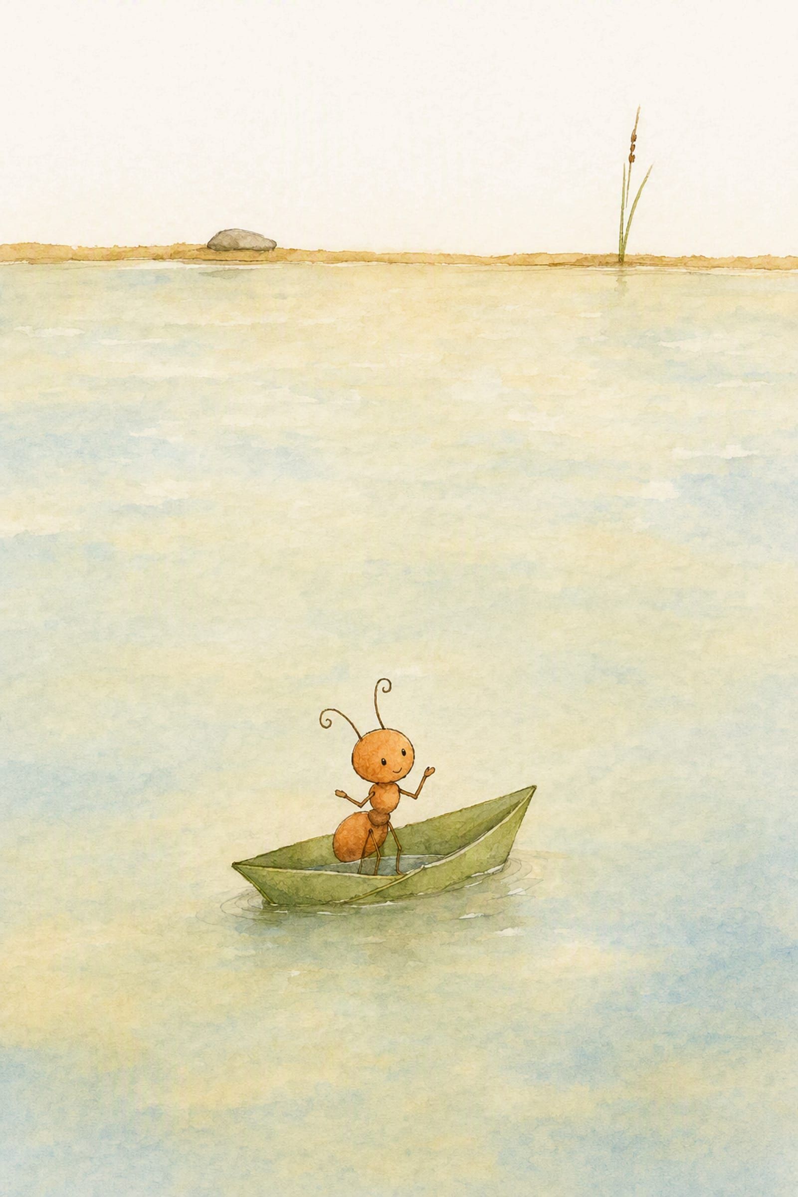 A boat folded from one green leaf sits low in flat calm water with Pip standing in it up to his knees, entirely dignified.
