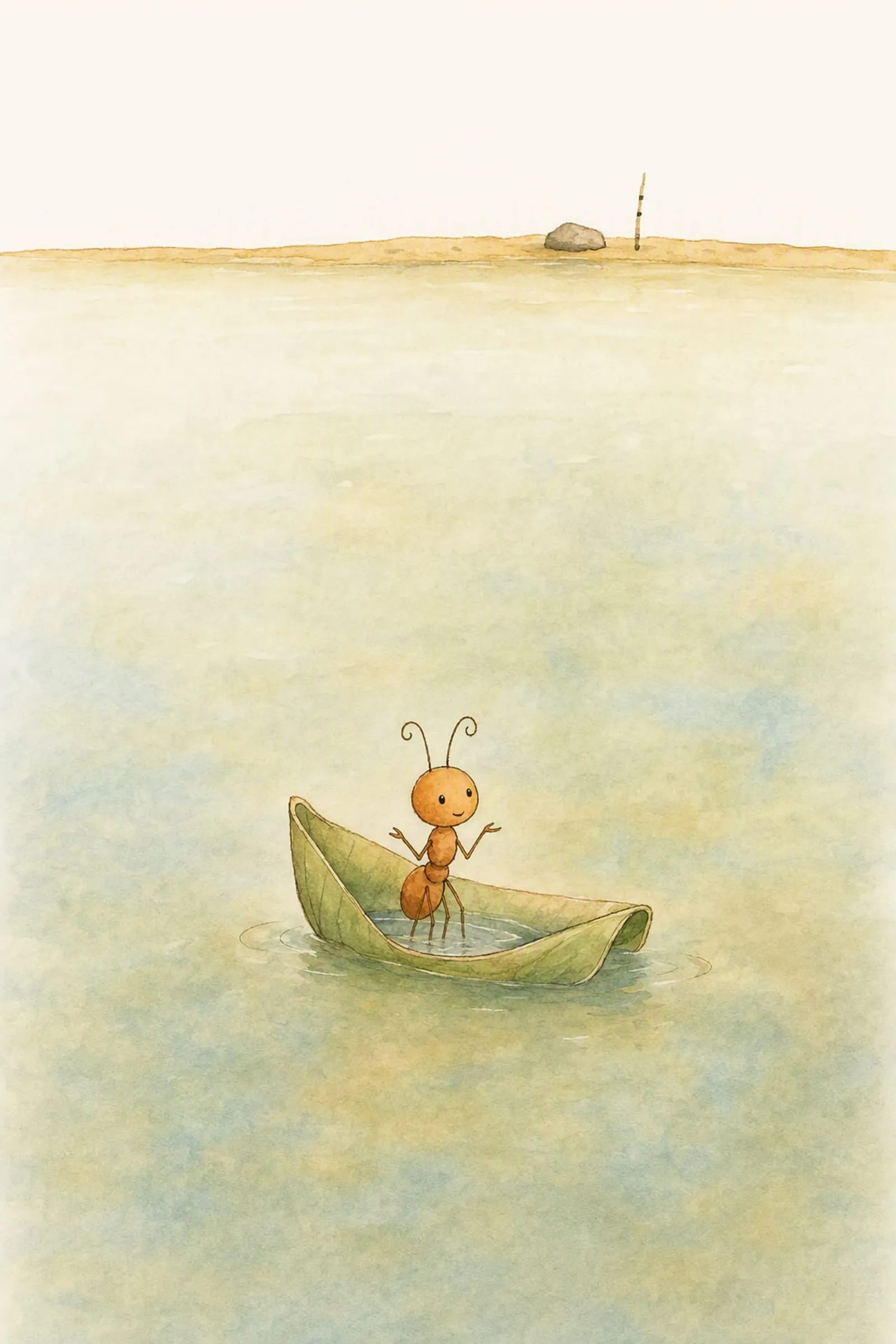 A boat folded from one green leaf sits low in flat calm water with Pip standing in it up to his knees, entirely dignified.