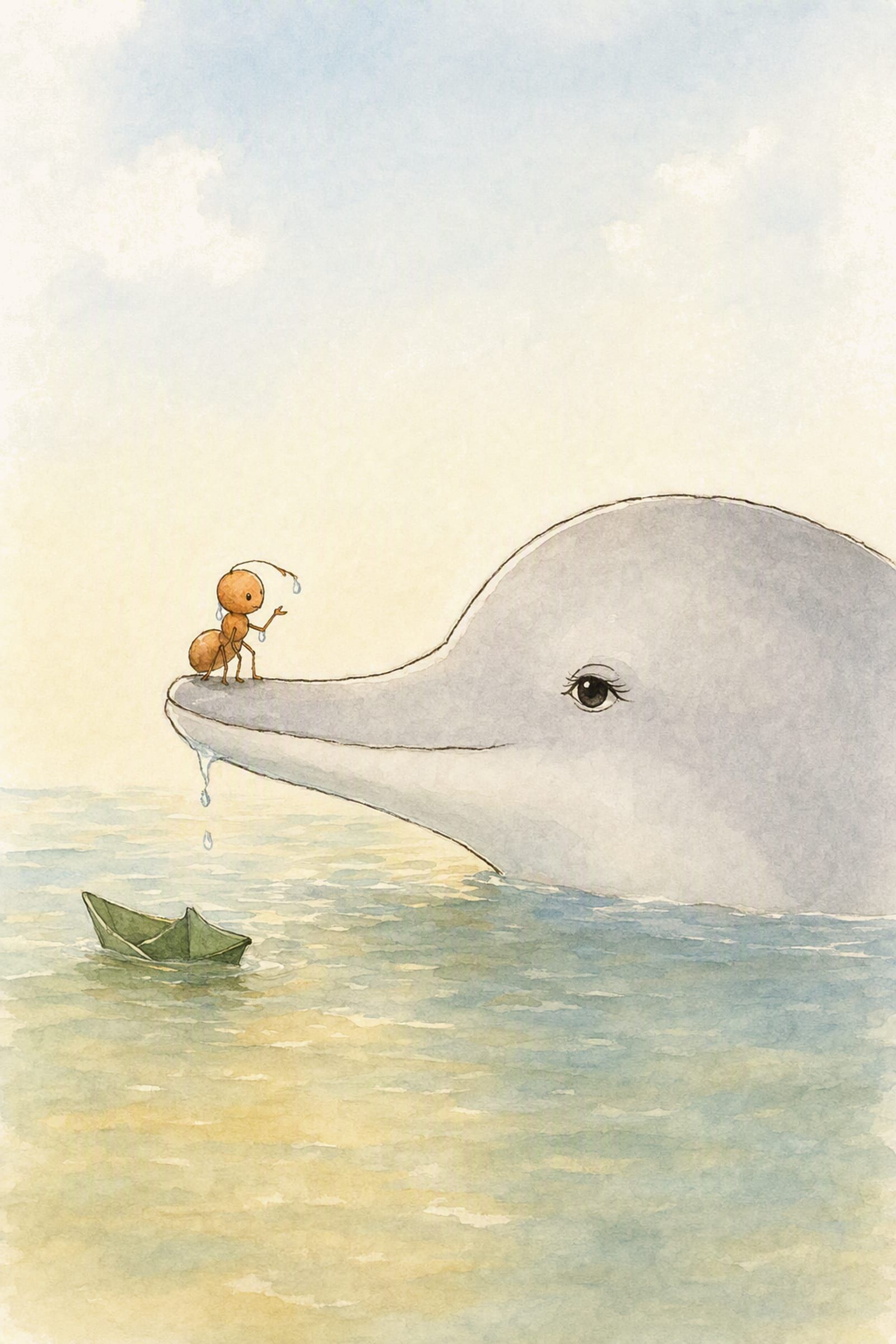 Dawn holds her snout out level on the water with soaked Pip sitting near the tip of it, one limb raised mid-sentence, her one visible eye turned along the snout to him.