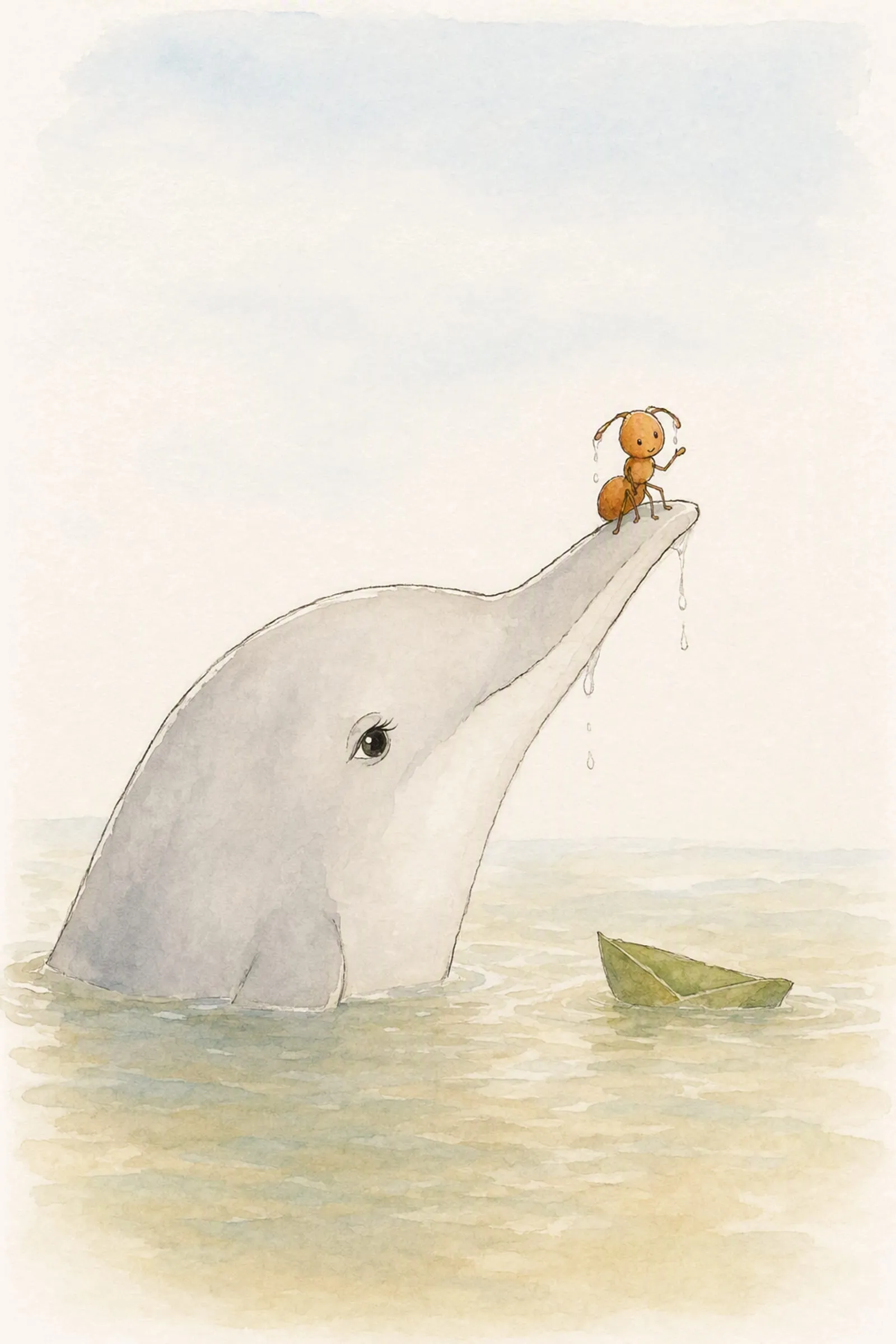 Dawn holds her snout clear of the water with Pip perched dripping on the tip of it, one limb raised mid-sentence, warm and dryly amused.