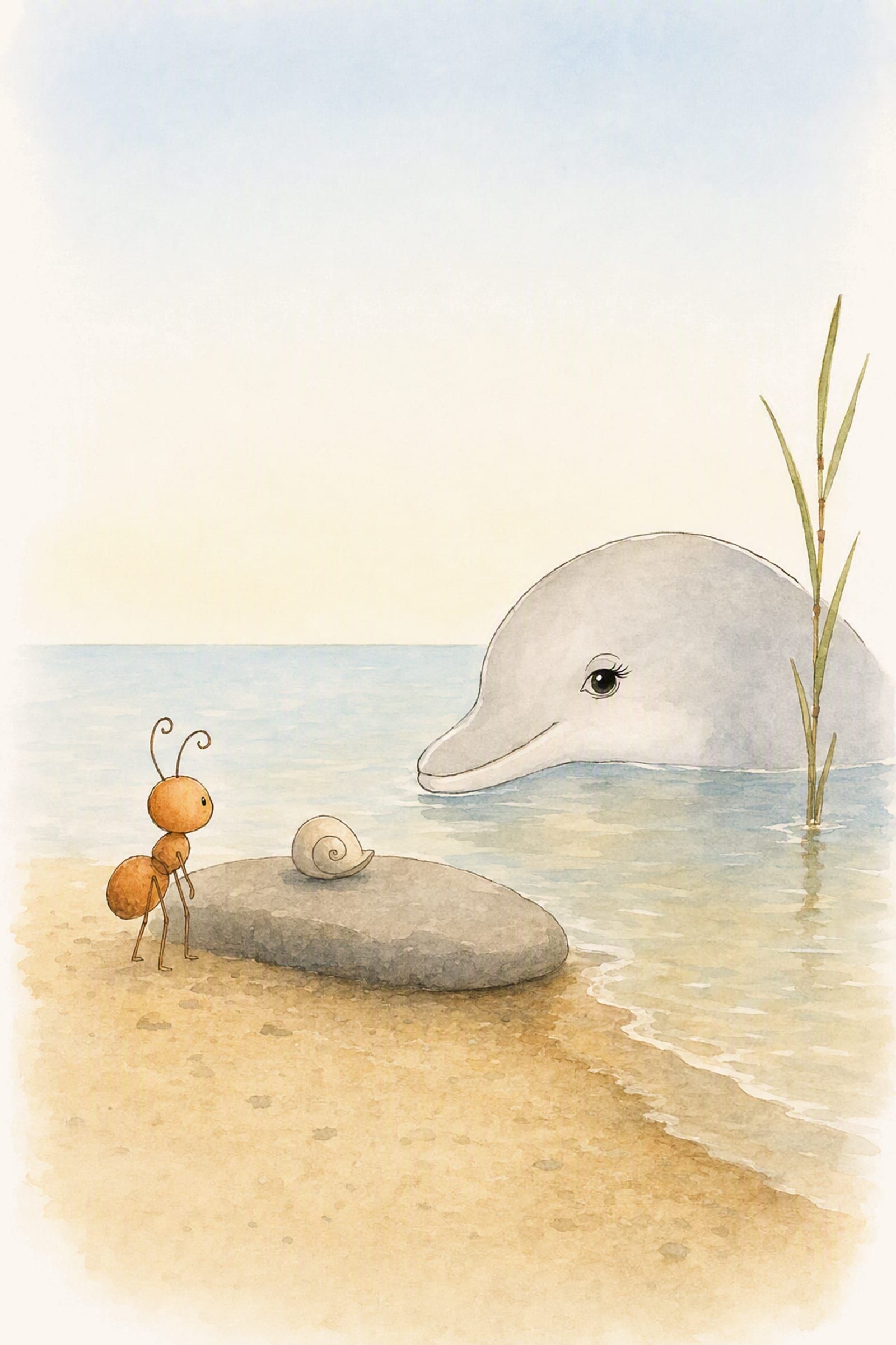 A small curled shell sits on the flat grey stone in front of Pip while Dawn watches from the water just beyond, given without ceremony.