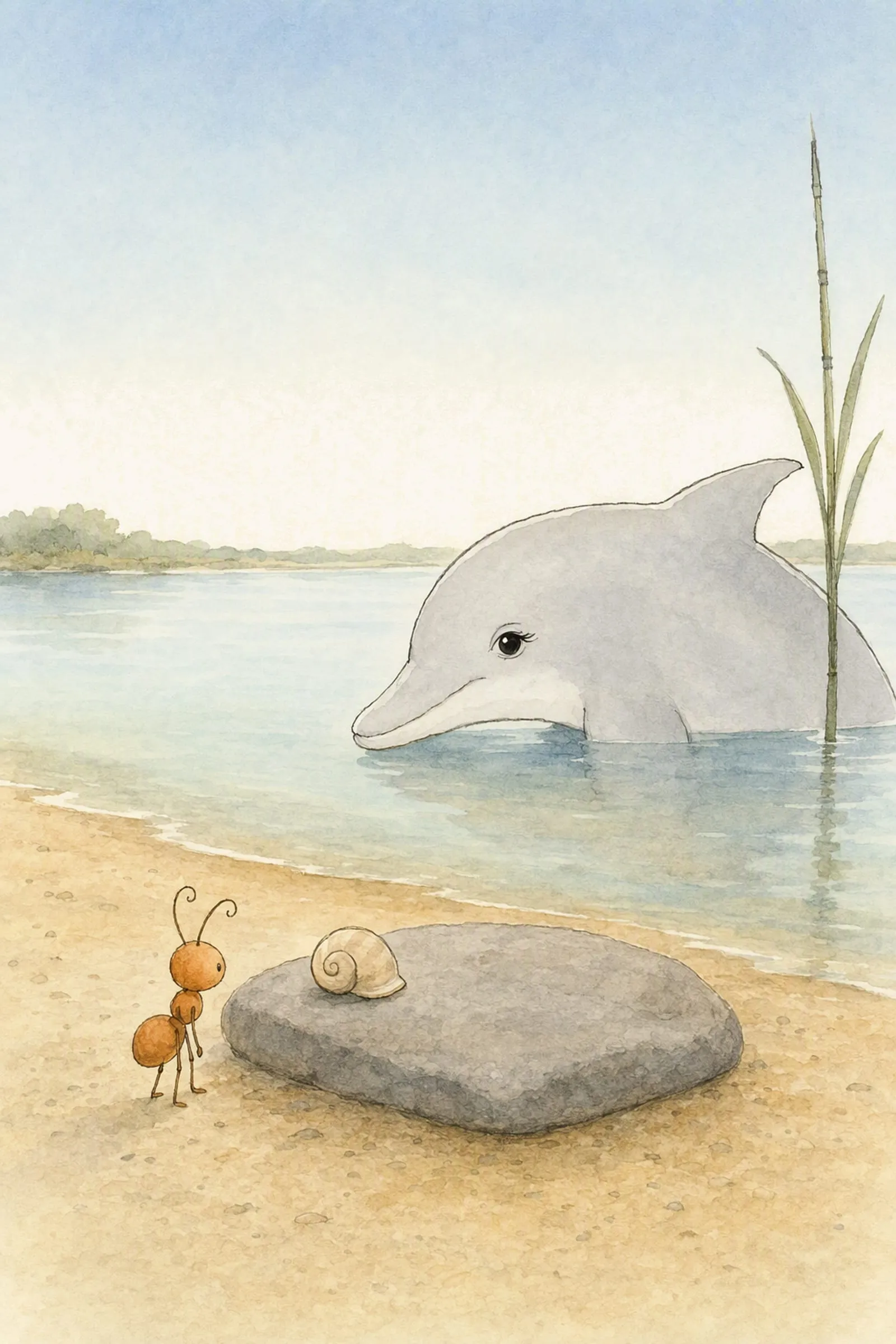 A small curled shell sits on the flat grey stone in front of Pip while Dawn watches from the water just beyond, given without ceremony.