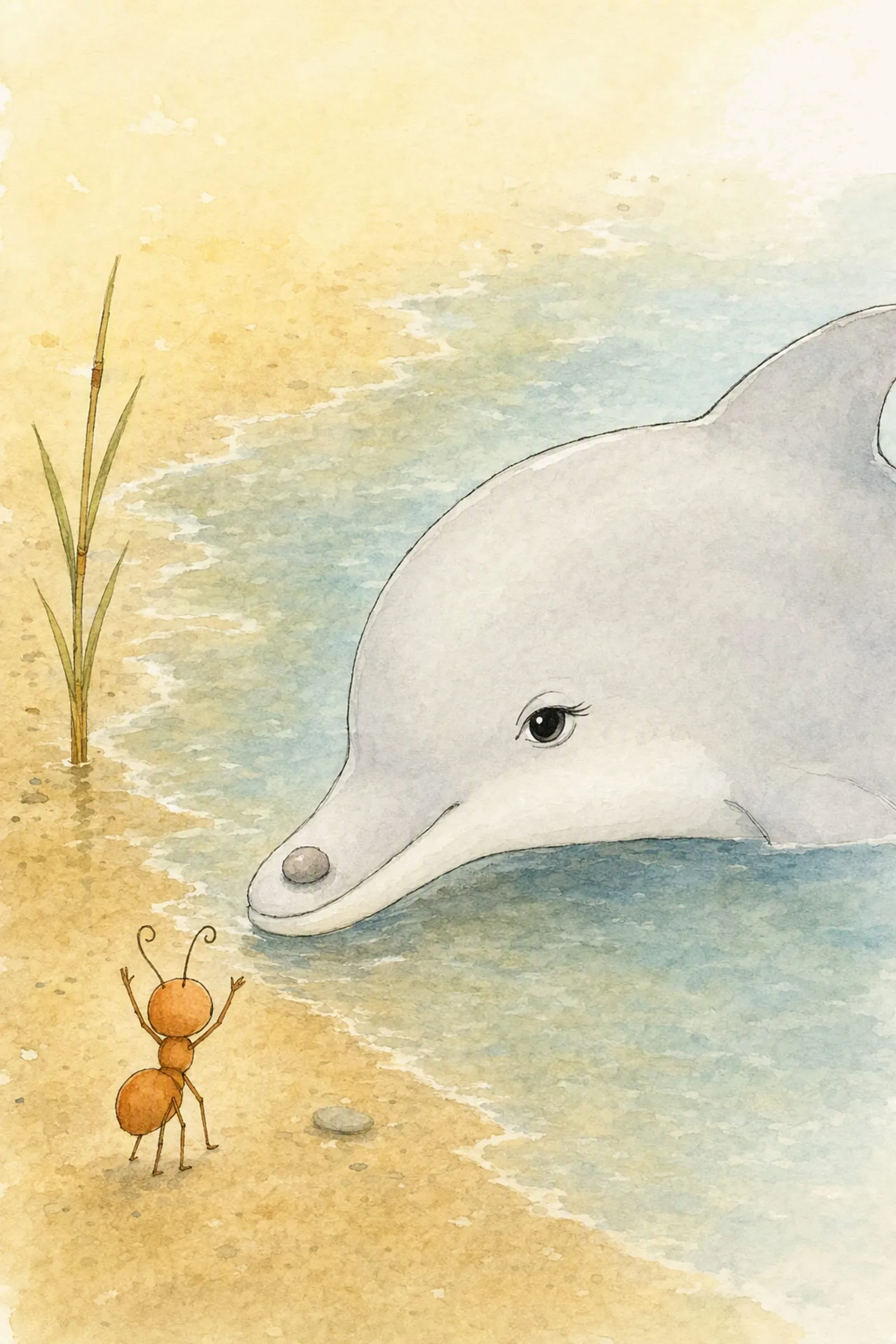 Seen over Pip's shoulder, he sets a small round grey pebble on Dawn's snout at the water's edge, earnest and still explaining.