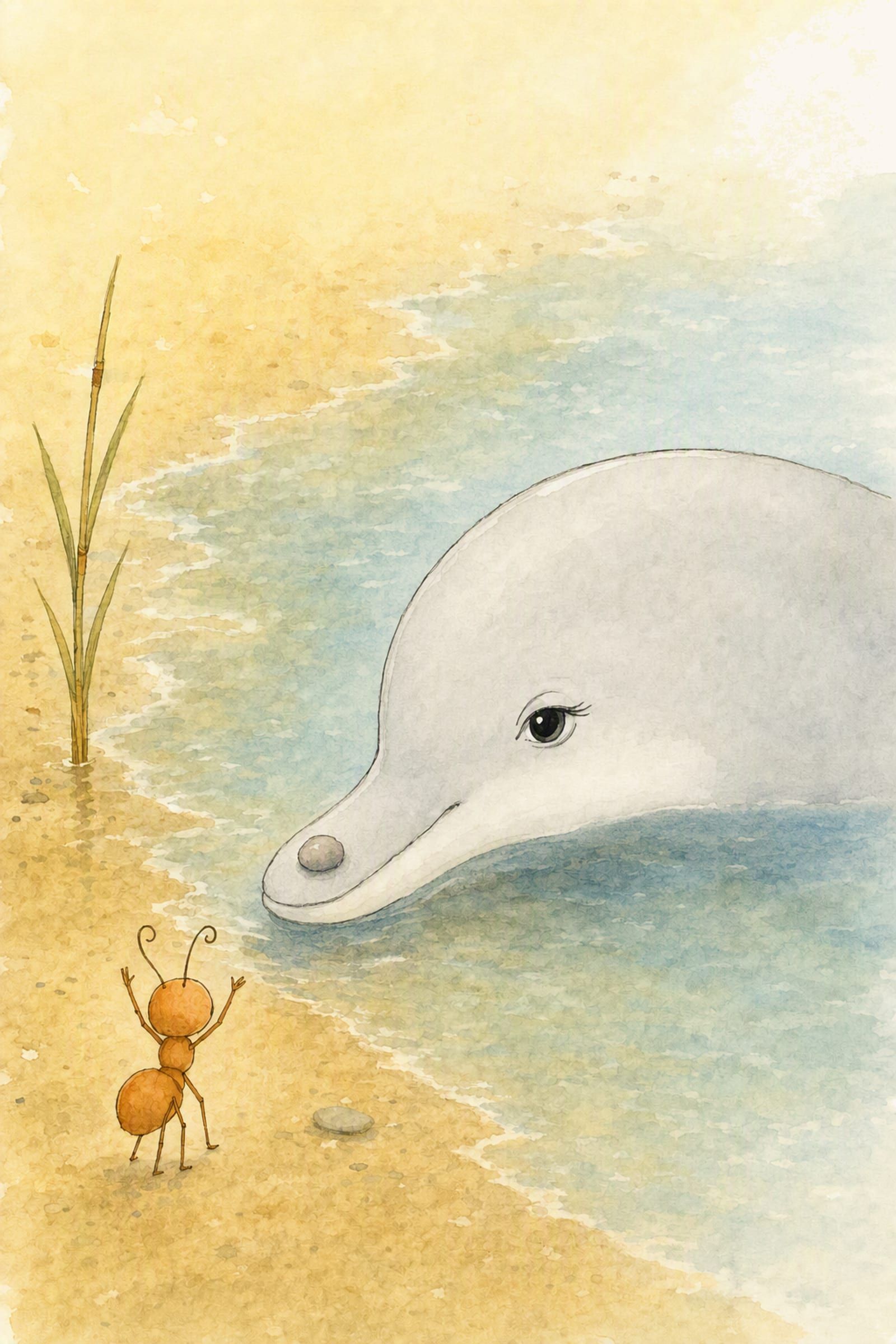 Seen over Pip's shoulder, he sets a small round grey pebble on Dawn's snout at the water's edge, earnest and still explaining.