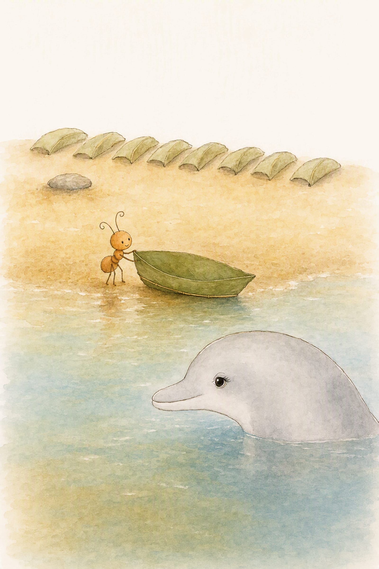 Pip rests a limb on the ninth leaf boat with its reed keel while Dawn looks steadily at it from the water, offering and considering.