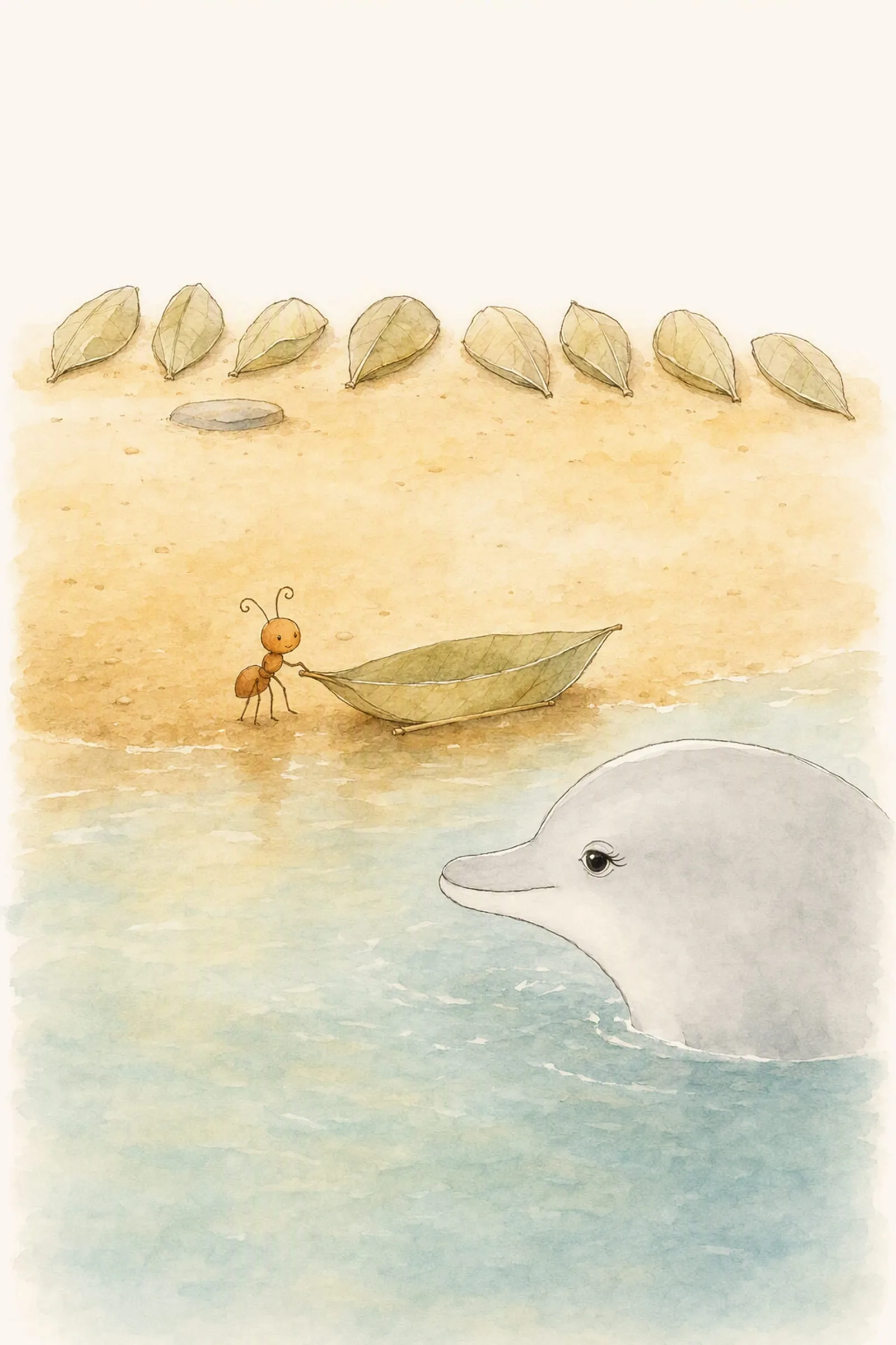 Pip rests a limb on the ninth leaf boat with its reed keel while Dawn looks steadily at it from the water, offering and considering.