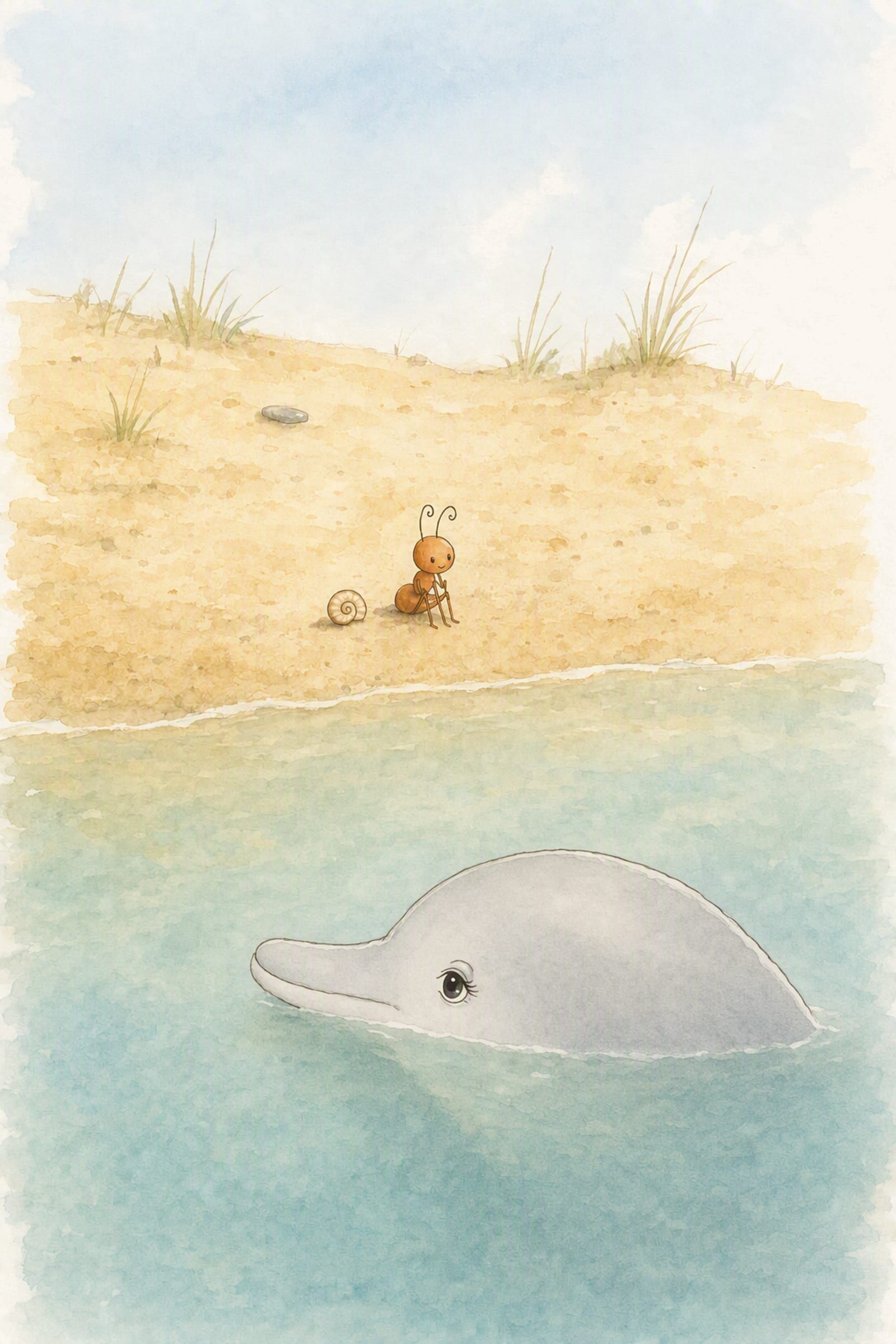 From beyond Dawn's great head at the waterline, Pip sits on the sand with the small curled shell beside him, listening and reassured.