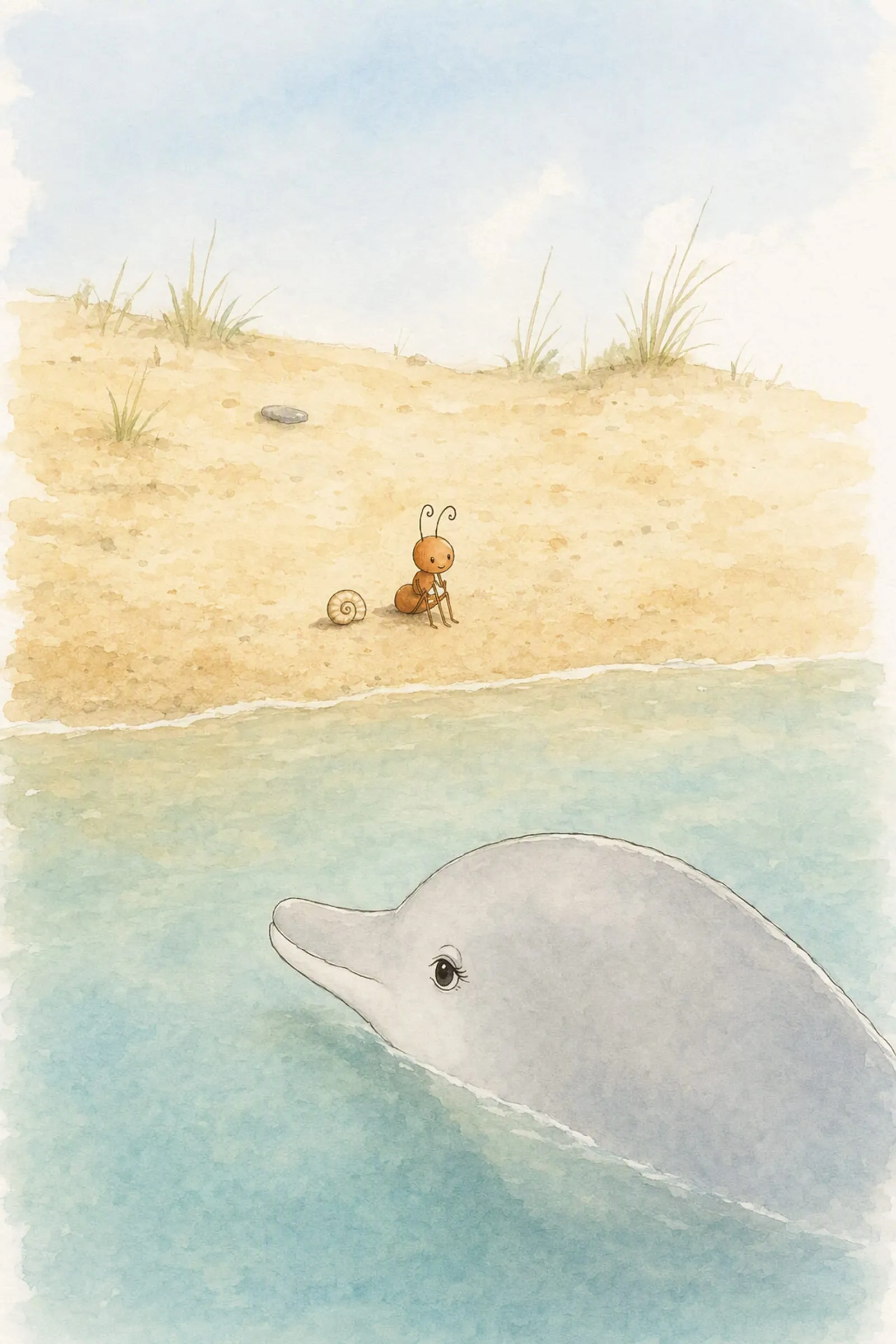 From beyond Dawn's great head at the waterline, Pip sits on the sand with the small curled shell beside him, listening and reassured.