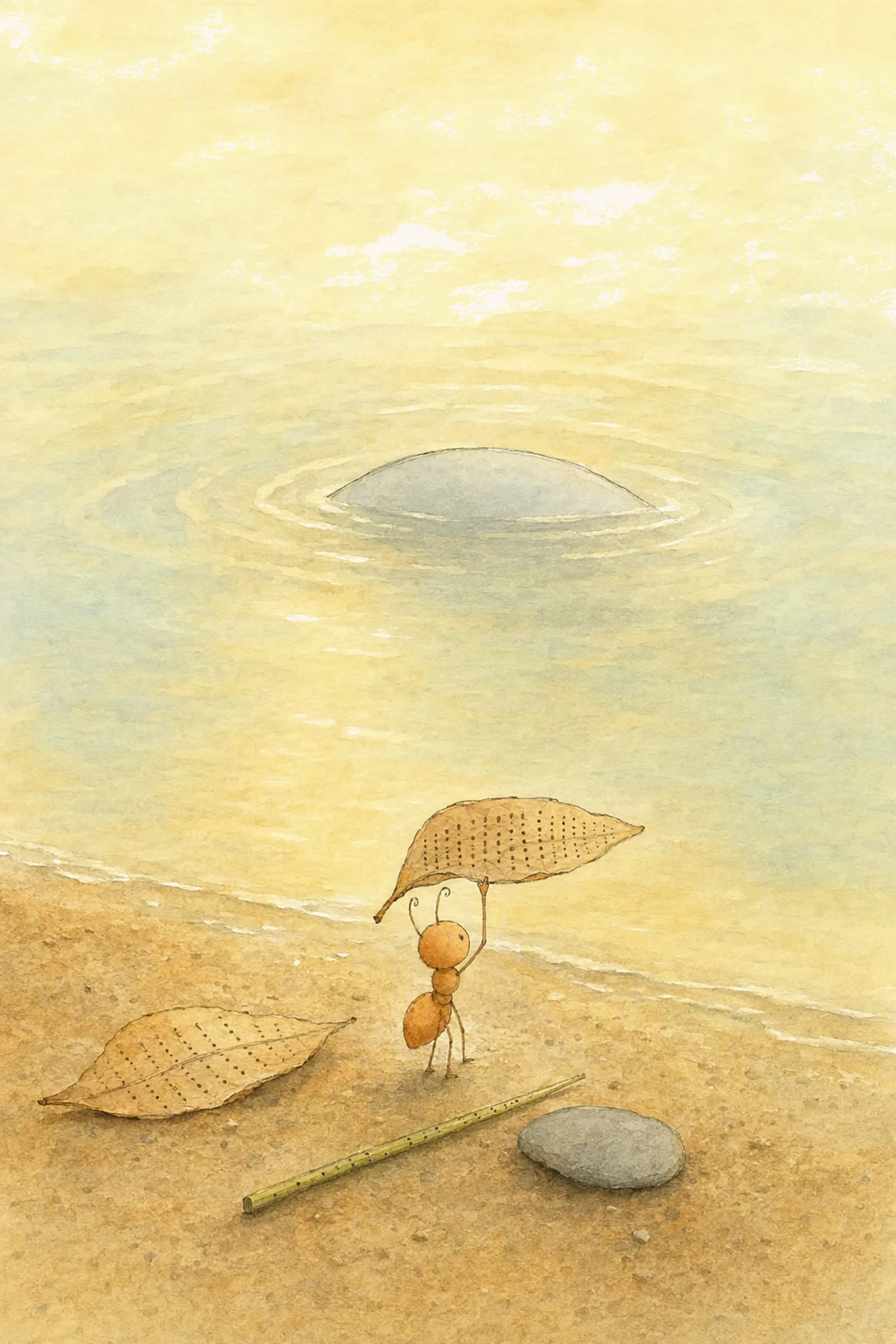 Pip holds a marked dry leaf above his head mid-explanation while the water closes over the place where Dawn has just gone under, undeterred.