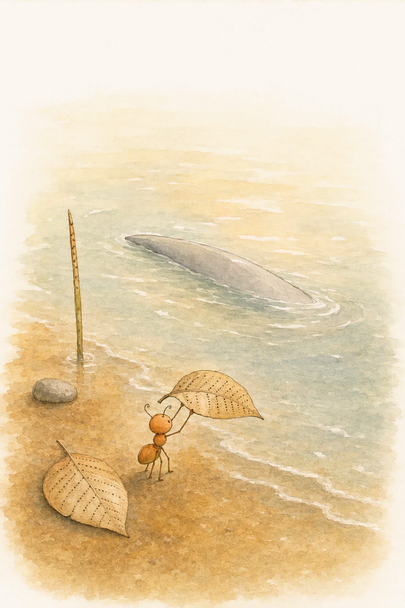 Pip holds a marked dry leaf above his head mid-explanation while the water closes over the place where Dawn has just gone under, undeterred.
