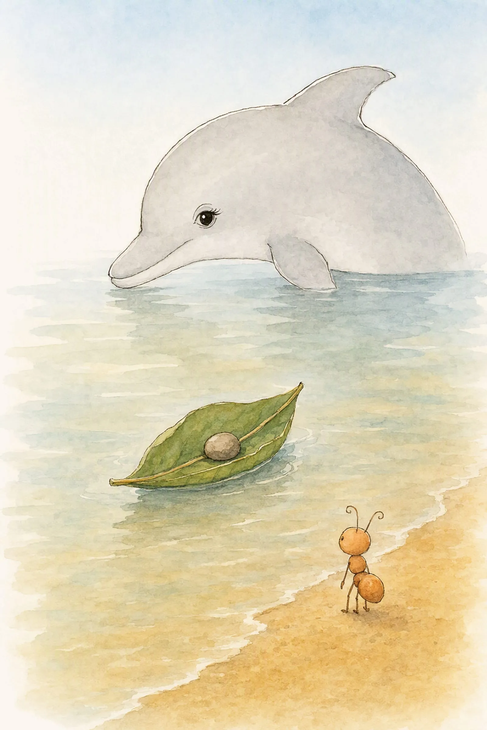A leaf boat carrying a pebble rides in across the narrow water between Dawn's watching head and Pip on the sand, satisfied on both sides.