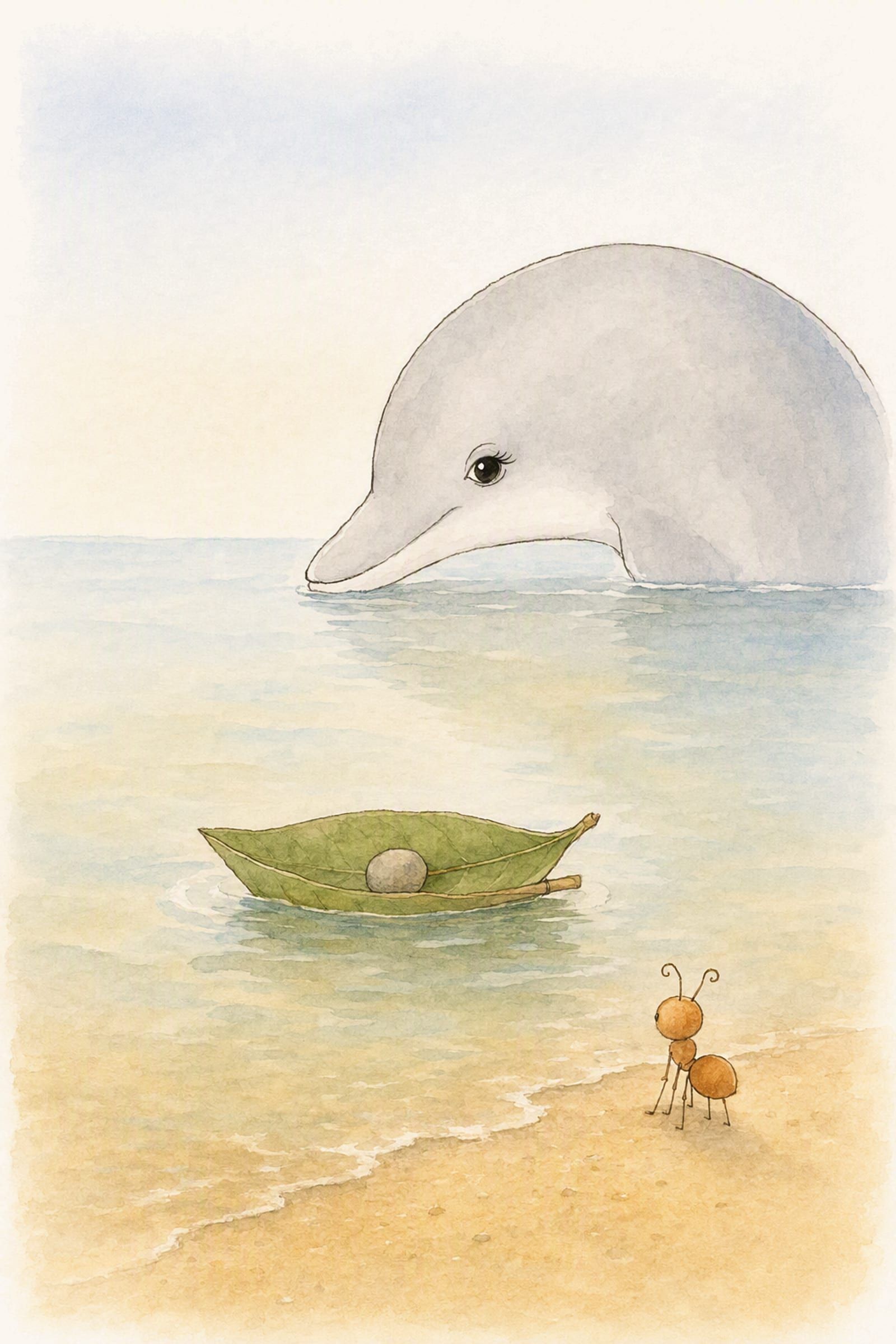 A leaf boat carrying a pebble rides in across the narrow water between Dawn's watching head and Pip on the sand, satisfied on both sides.