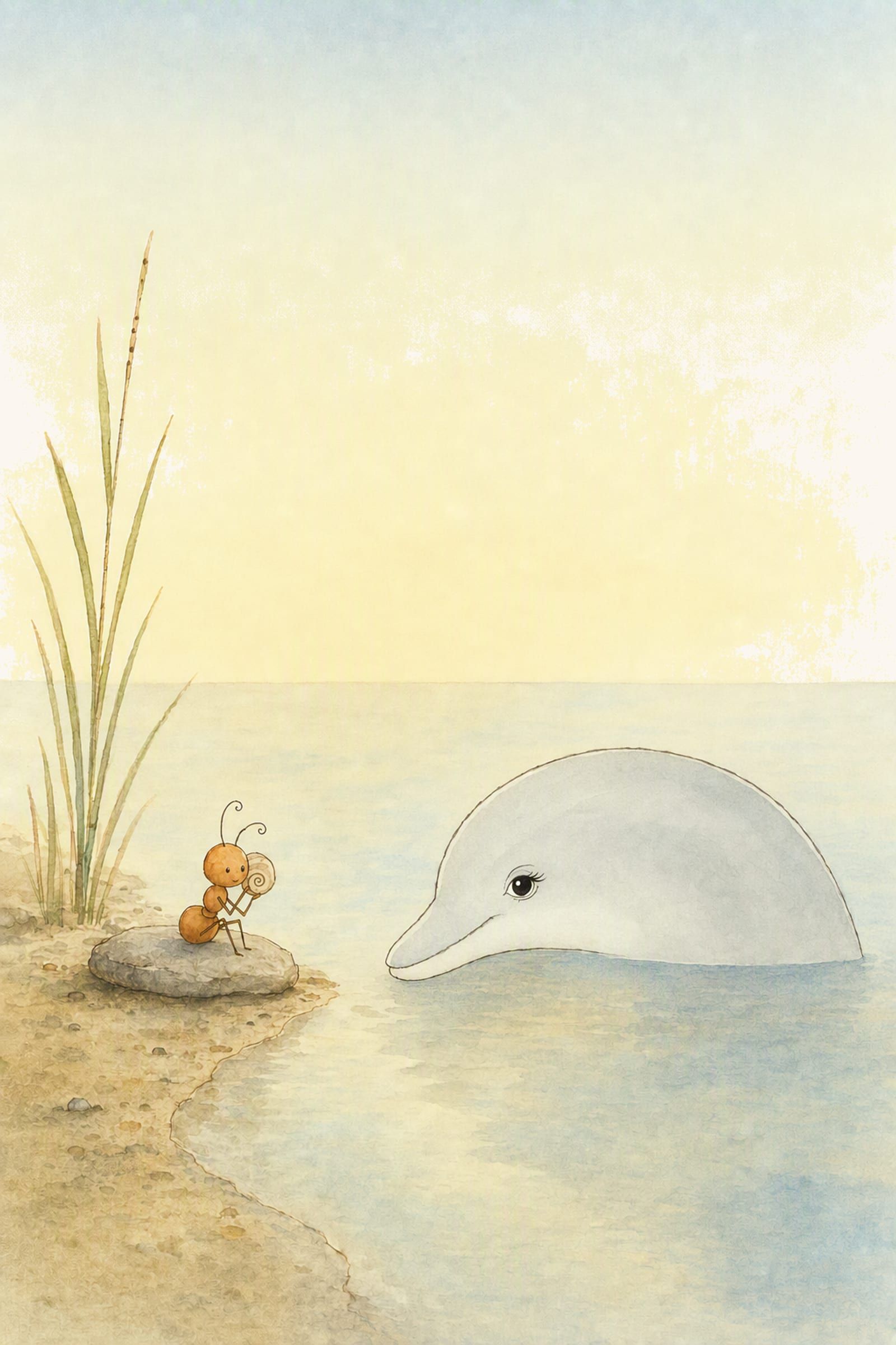 Pip sits on the flat grey stone holding the curled shell to the side of his head while Dawn lies low in the evening water below, content and teased.