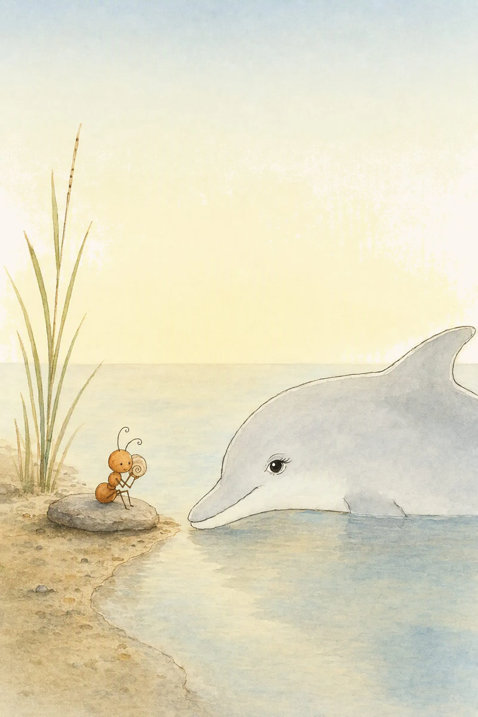 Pip sits on the flat grey stone holding the curled shell to the side of his head while Dawn lies low in the evening water below, content and teased.