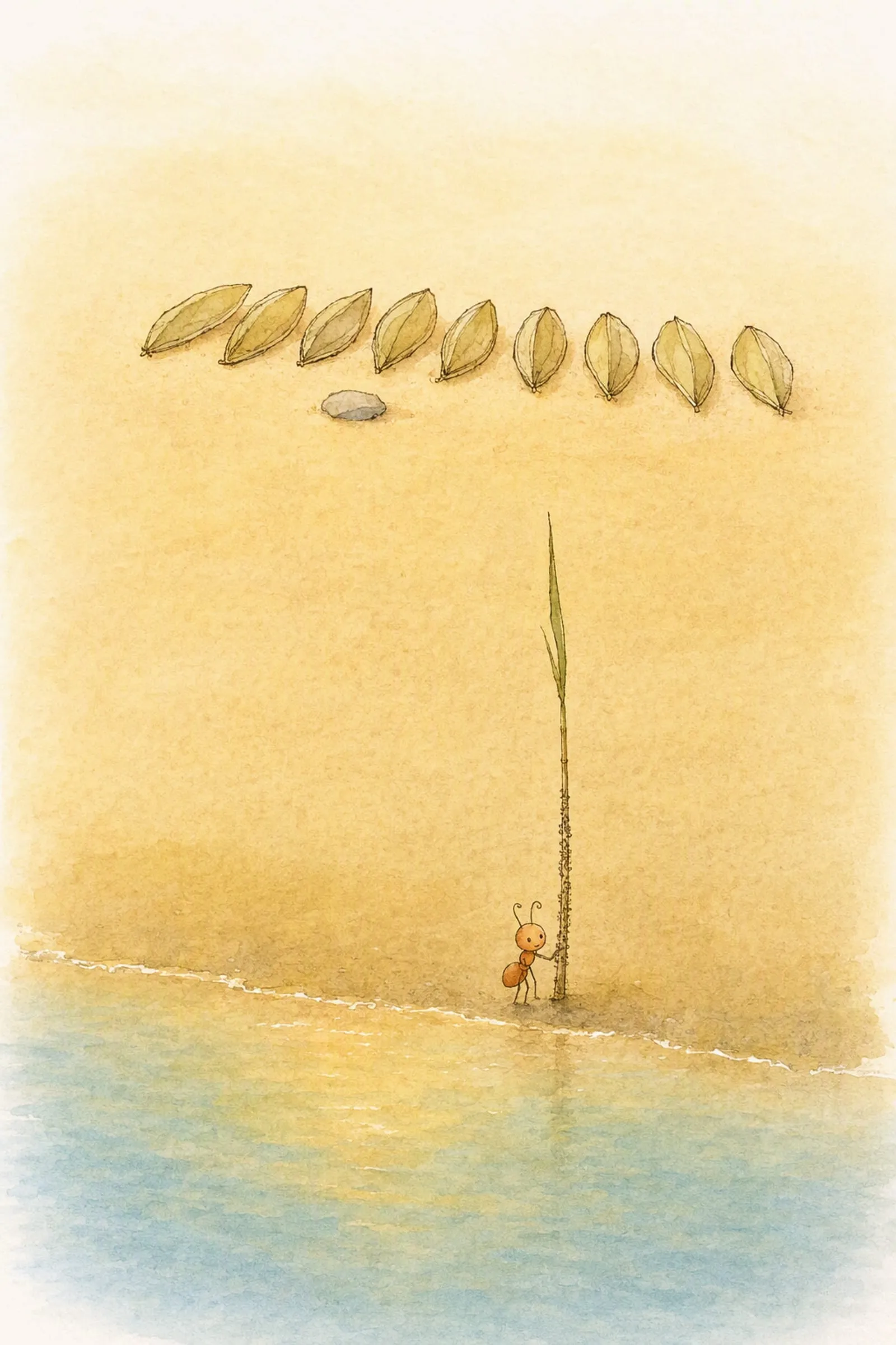Nine pale leaf hulls rest on the sand above the stone and Pip stands tiny at the foot of a much-marked reed by the water, settled and industrious.
