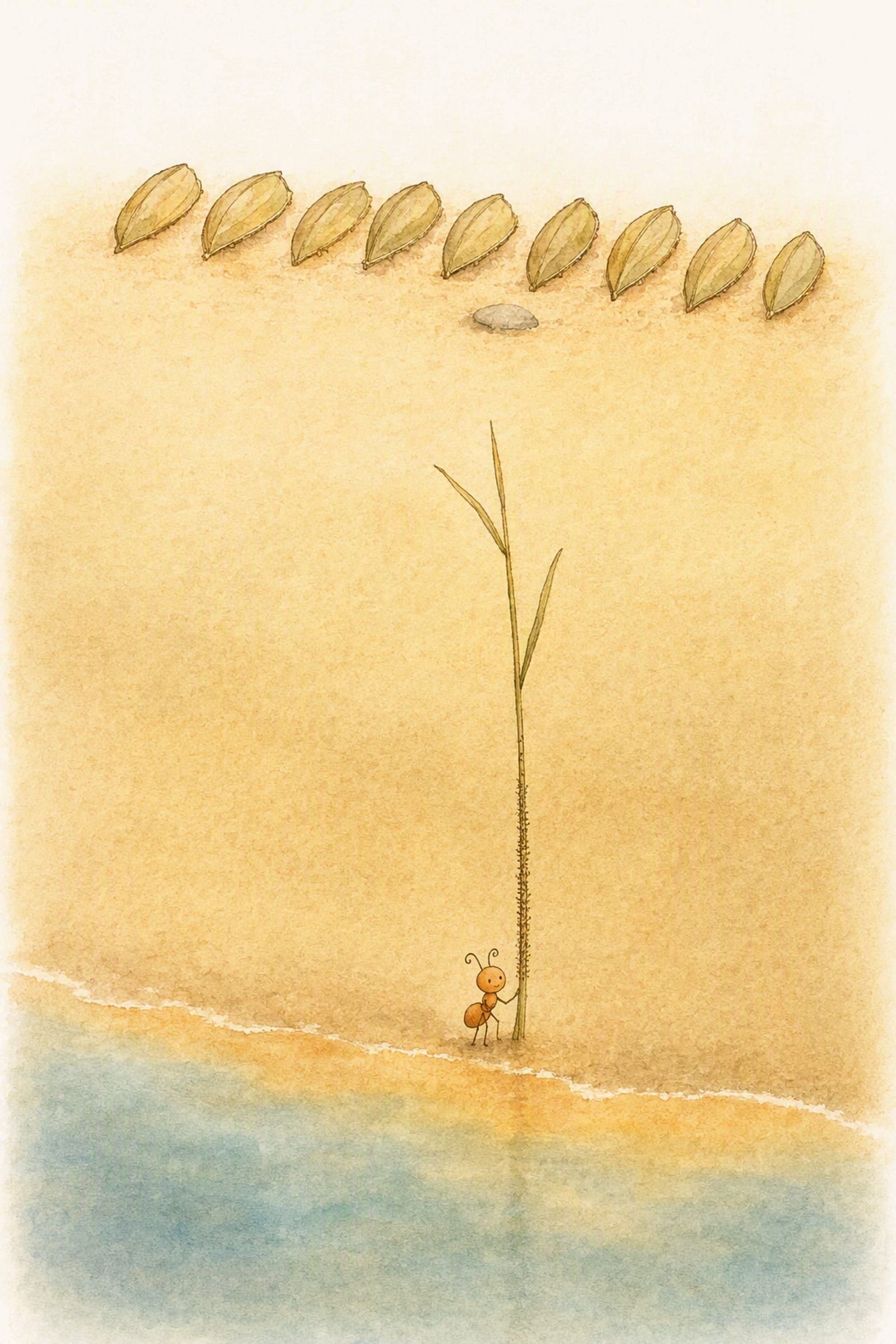 Nine pale leaf hulls rest on the sand above the stone and Pip stands tiny at the foot of a much-marked reed by the water, settled and industrious.