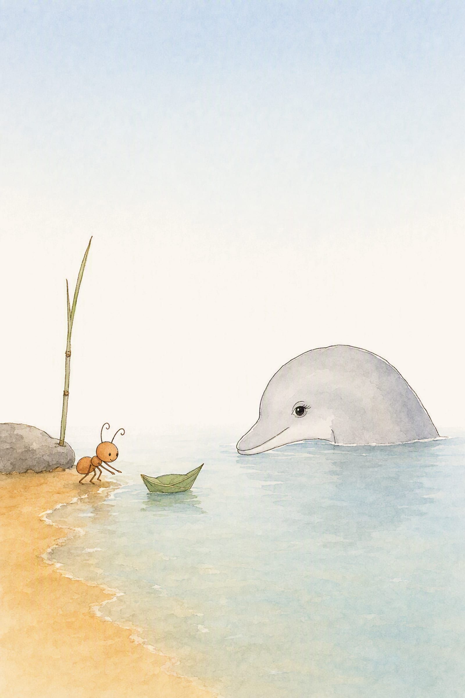 Pip stands at the water's edge by his marked reed, having launched a little folded leaf boat, and Dawn watches it come to her across the summer water.