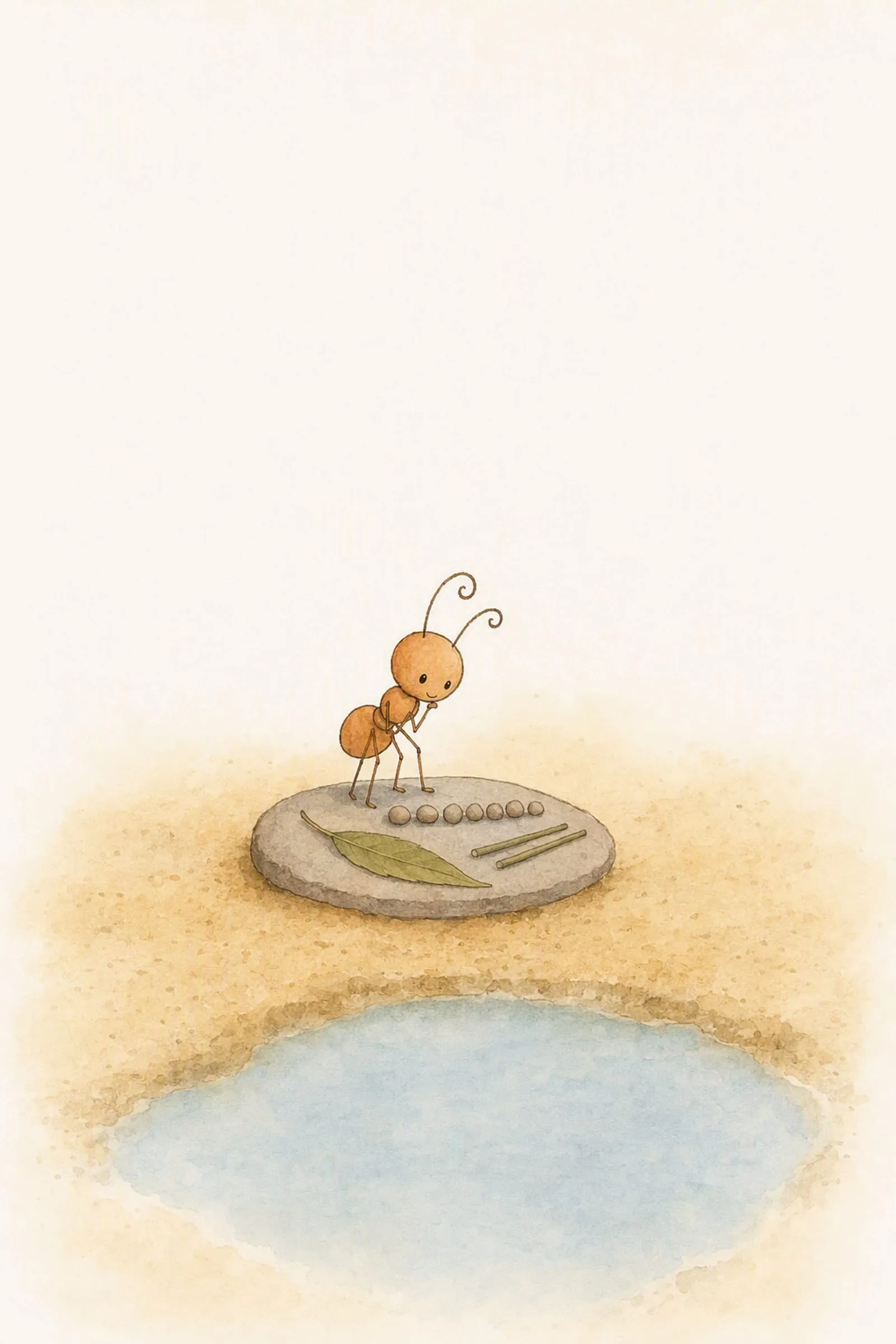 Pip leans over a neat line of pebbles beside a straight-edged leaf and two reeds, with a still pool below him, small and absorbed.