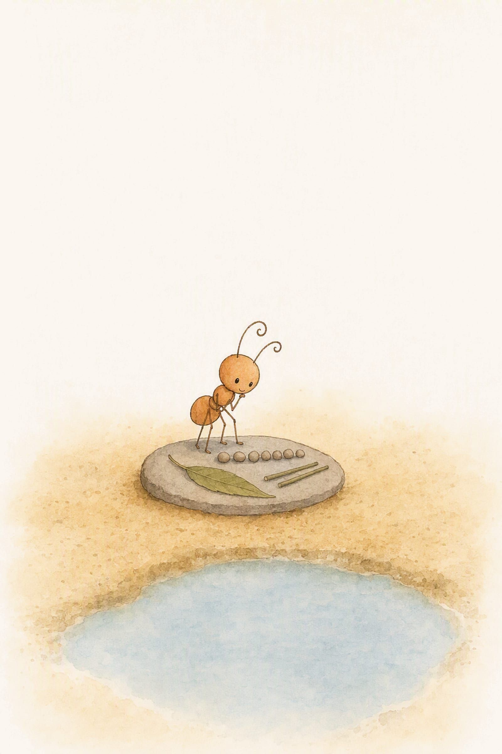 Pip leans over a neat line of pebbles beside a straight-edged leaf and two reeds, with a still pool below him, small and absorbed.