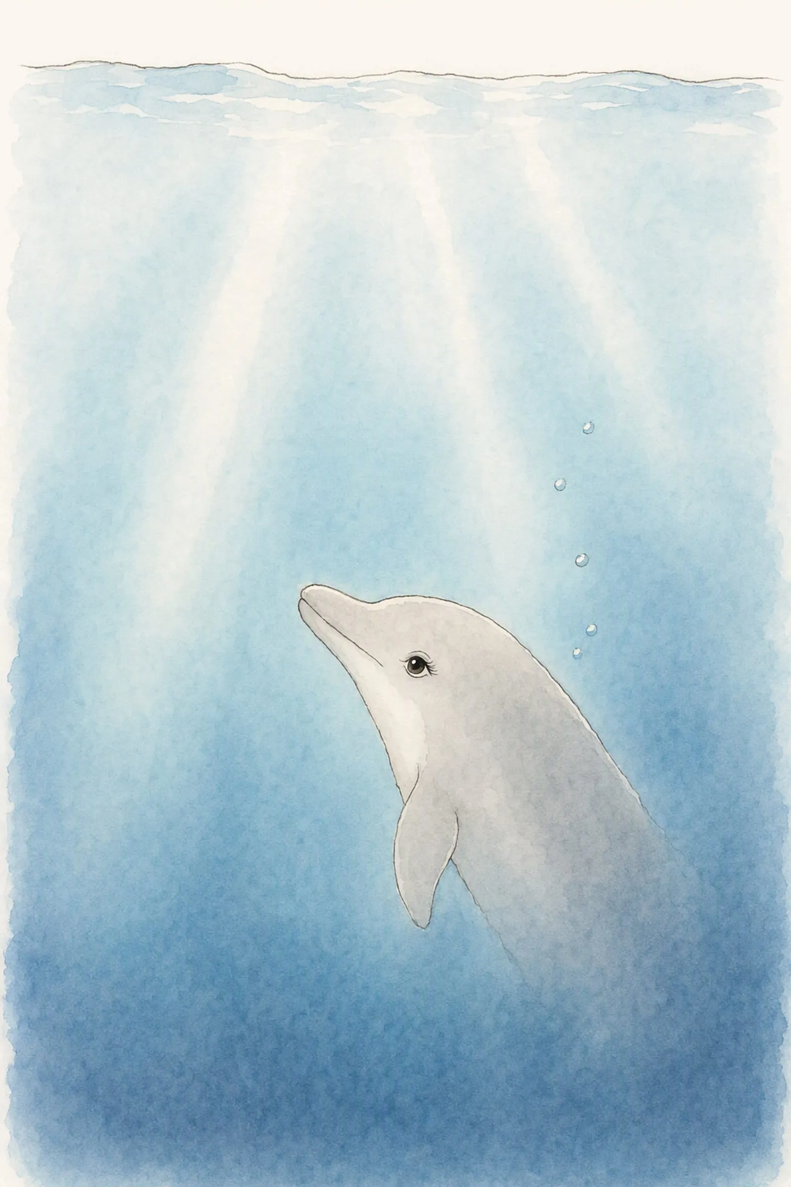 Dawn swims up through a tall column of pale sea towards the bright surface, trailing small bubbles, calm and unhurried.