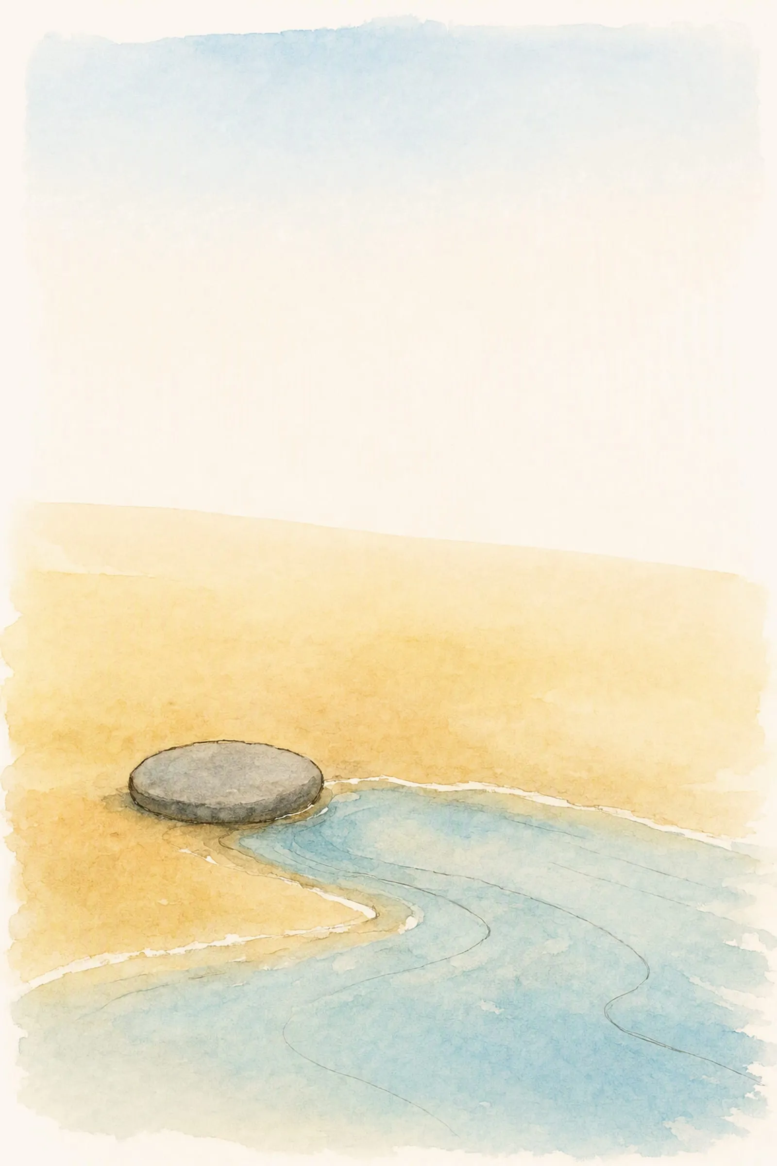 A thin sheet of sea runs up the sand and fills a shallow hollow beside a flat grey stone, quiet and expectant.