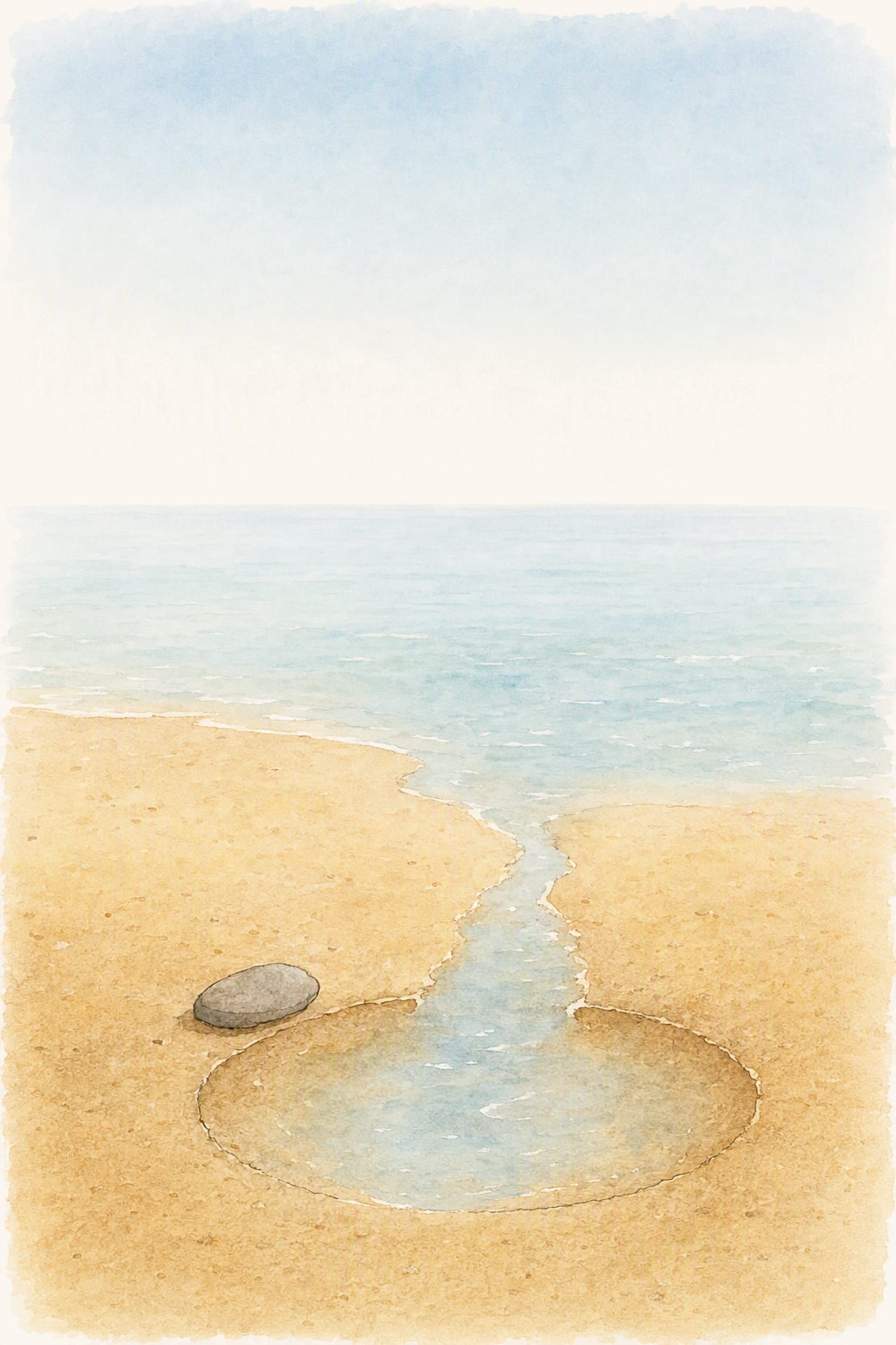 A round dish is scooped into the sand beside the flat grey stone and a thin tongue of sea runs down into it, quiet and expectant.