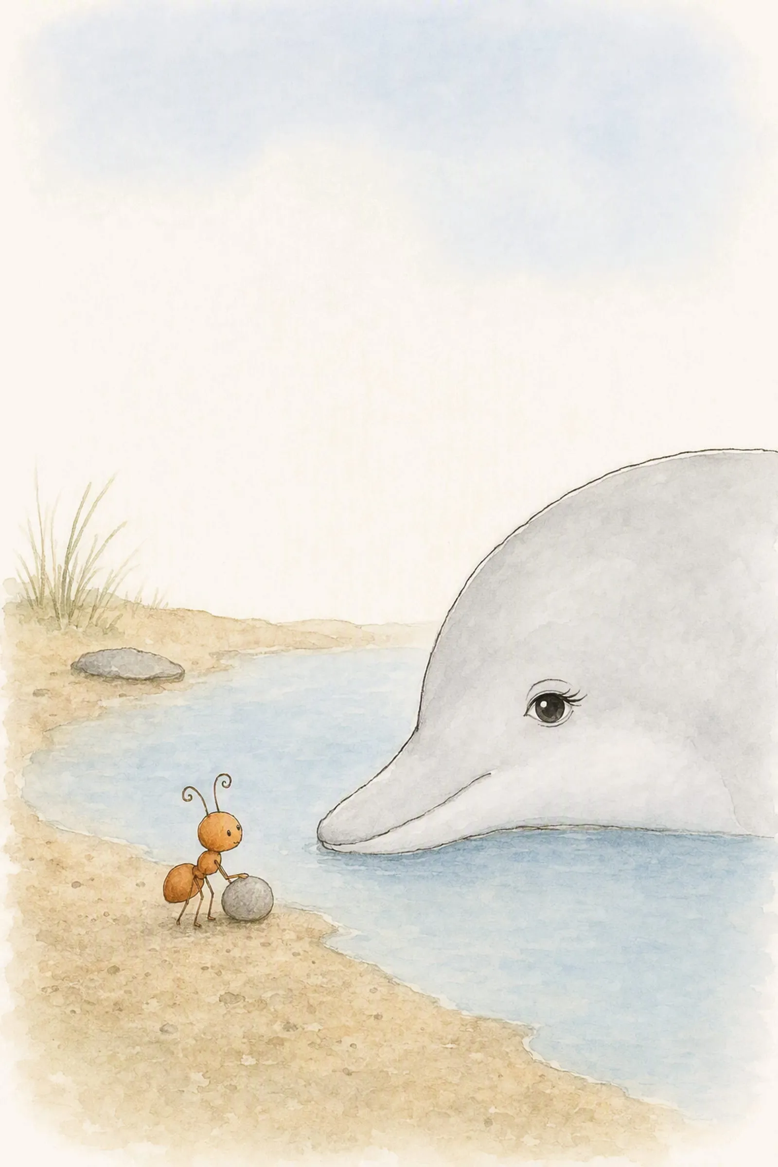 Pip pauses mid-count beside a pebble while two large eyes with long lashes watch him from the surface of the pool, neither of them moving.