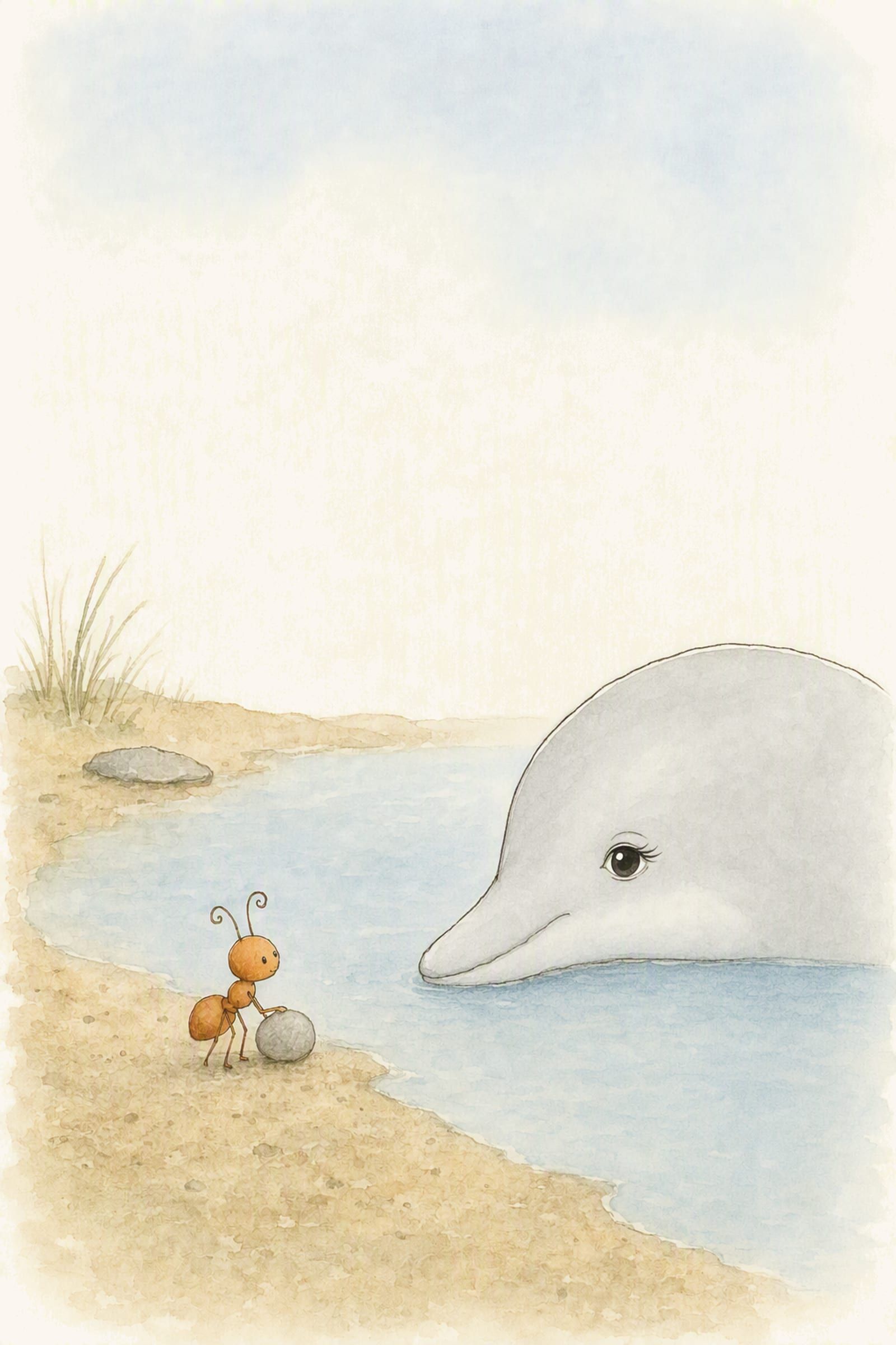 Pip pauses mid-count beside a pebble while Dawn’s great head rests at the surface of the pool watching him, neither of them moving.