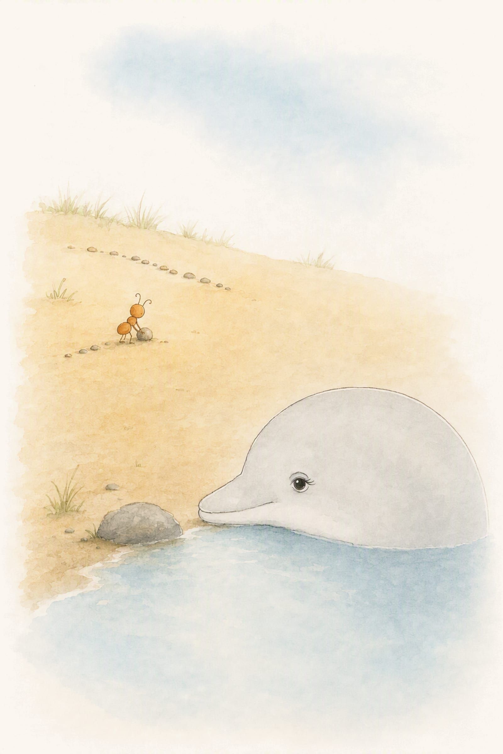 Dawn rests her chin at the pool’s edge watching Pip, who arranges pebbles further up the sand with his back turned, fond and unnoticed.