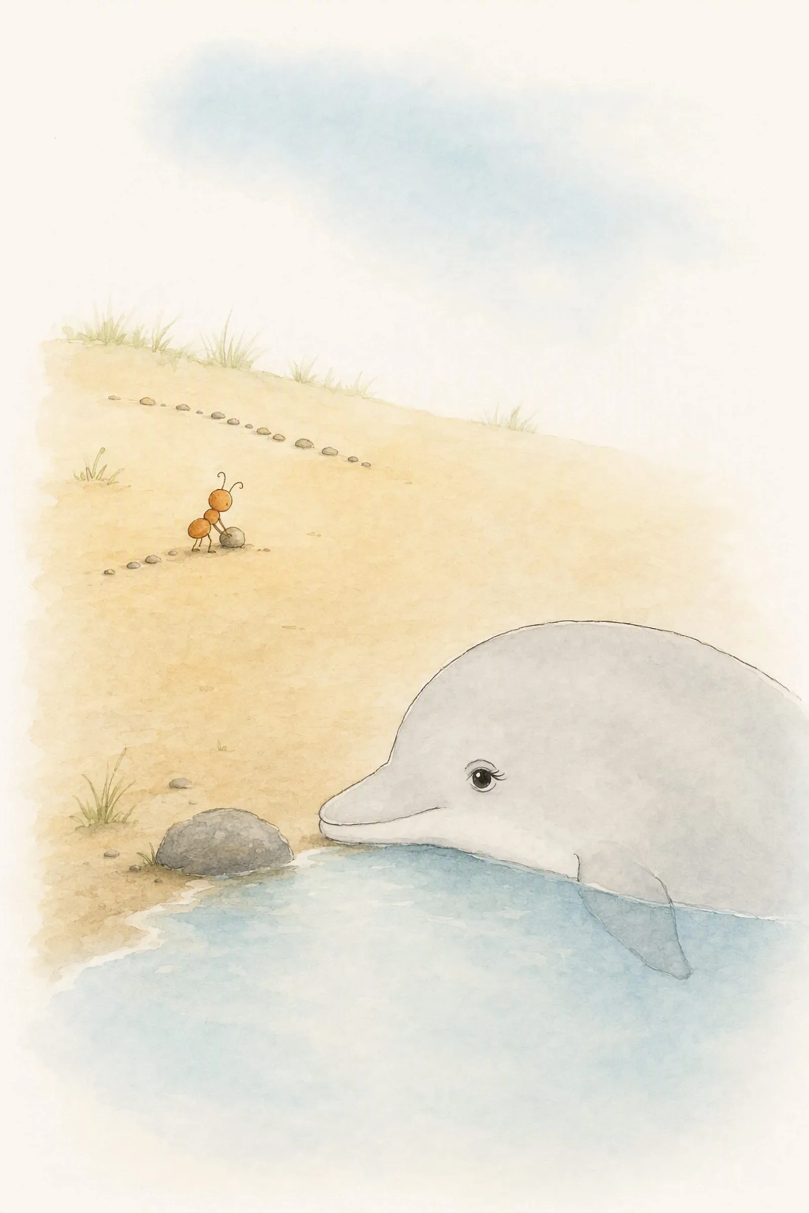 Dawn rests her chin at the pool's edge watching Pip, who arranges pebbles further up the sand with his back turned, fond and unnoticed.