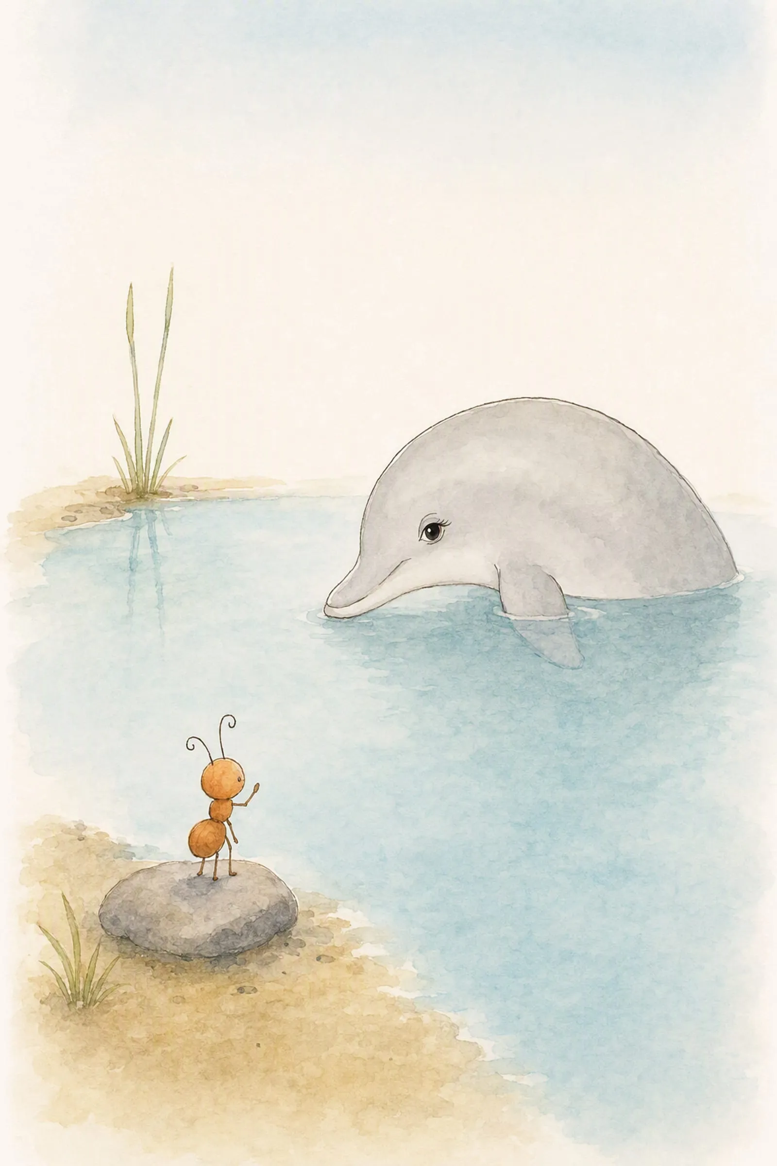 Pip stands formally on the grey stone with one limb raised in a speech while Dawn listens from the water with her head tilted, shy and hopeful.