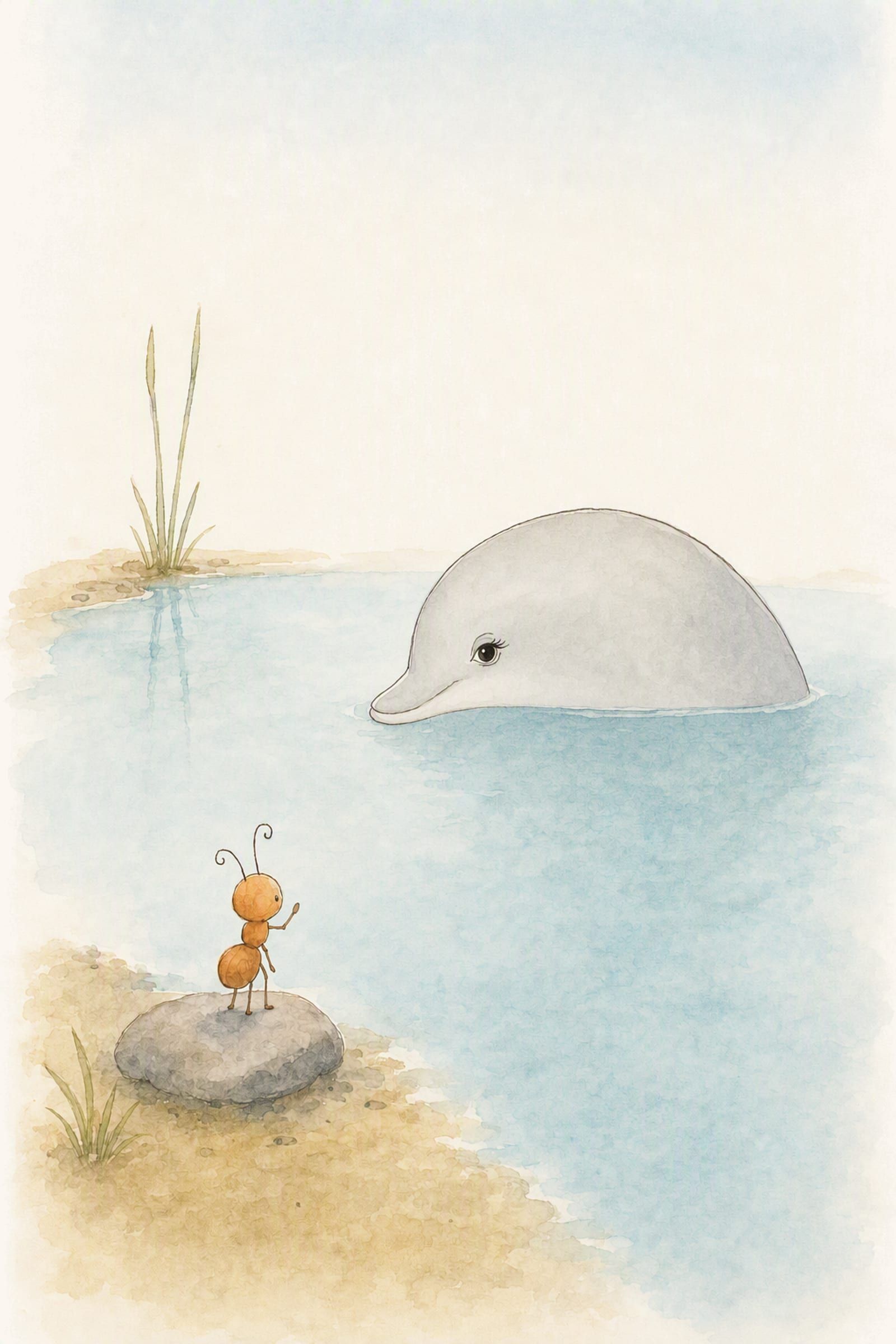 Pip stands formally on the grey stone with one limb raised in a speech while Dawn listens from the water with her head tilted, shy and hopeful.