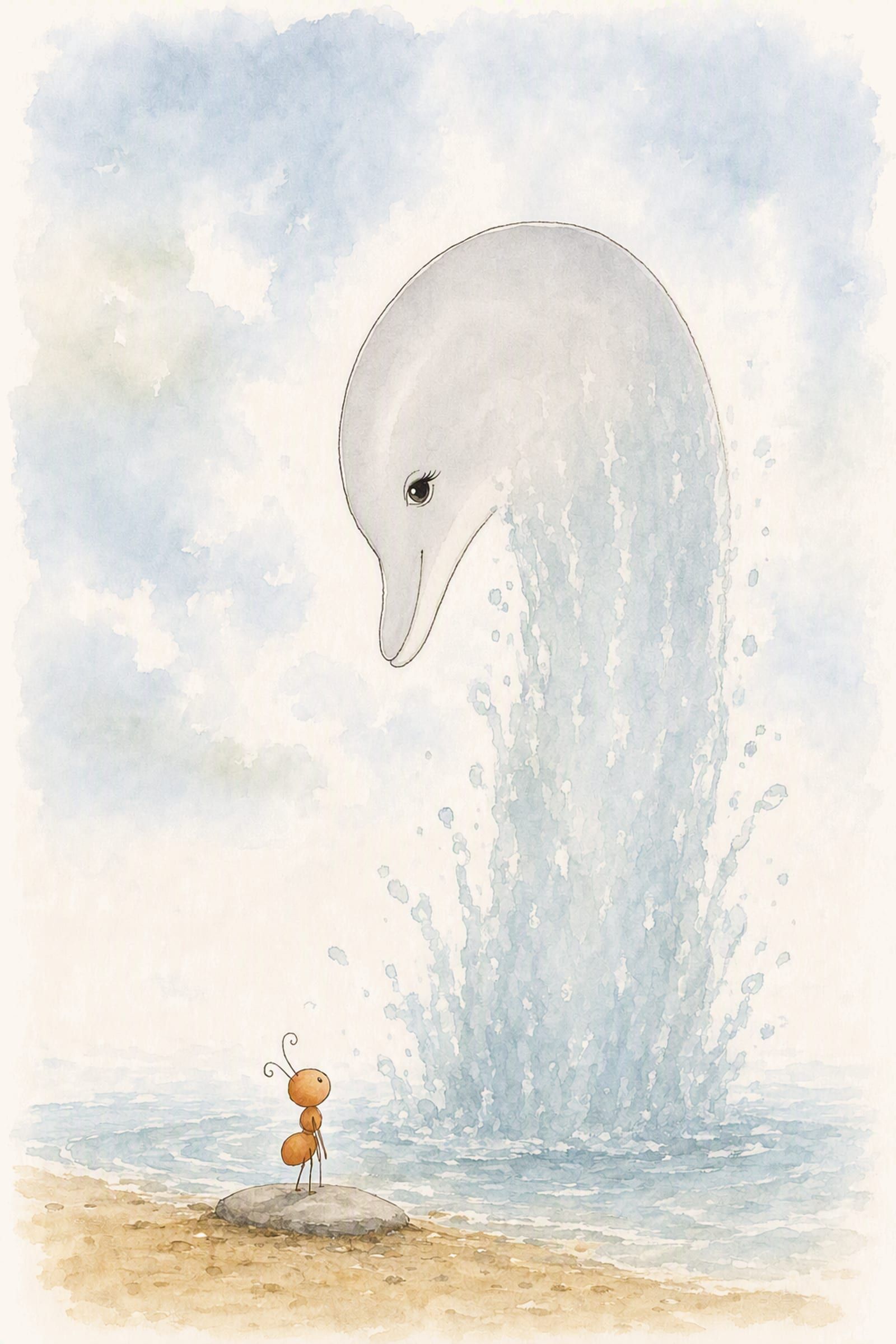 Dawn rises straight up out of the pool and bends her head far down to look at Pip, who stands very still on the small flat grey stone at the water's edge and looks up the whole height of her.