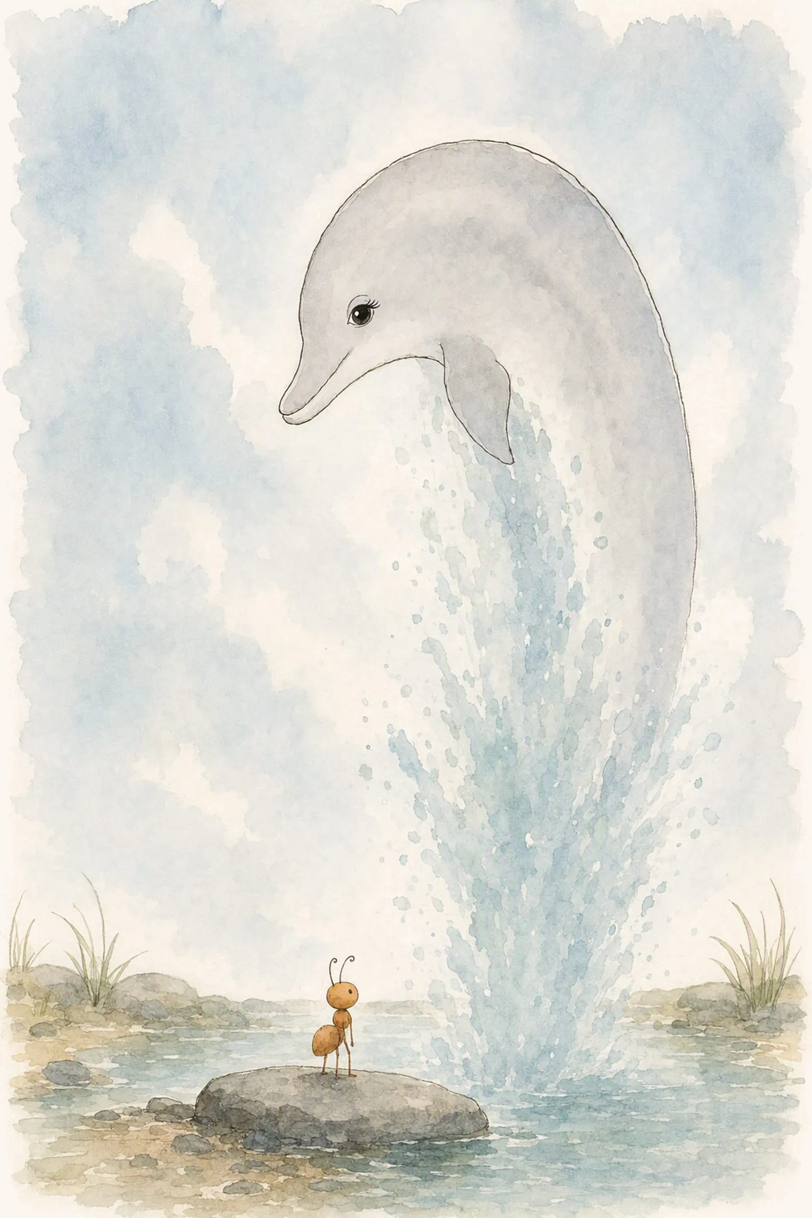 Dawn rises tall out of the pool with the water lifting around her while Pip looks up from the stone far below, very small and very still.