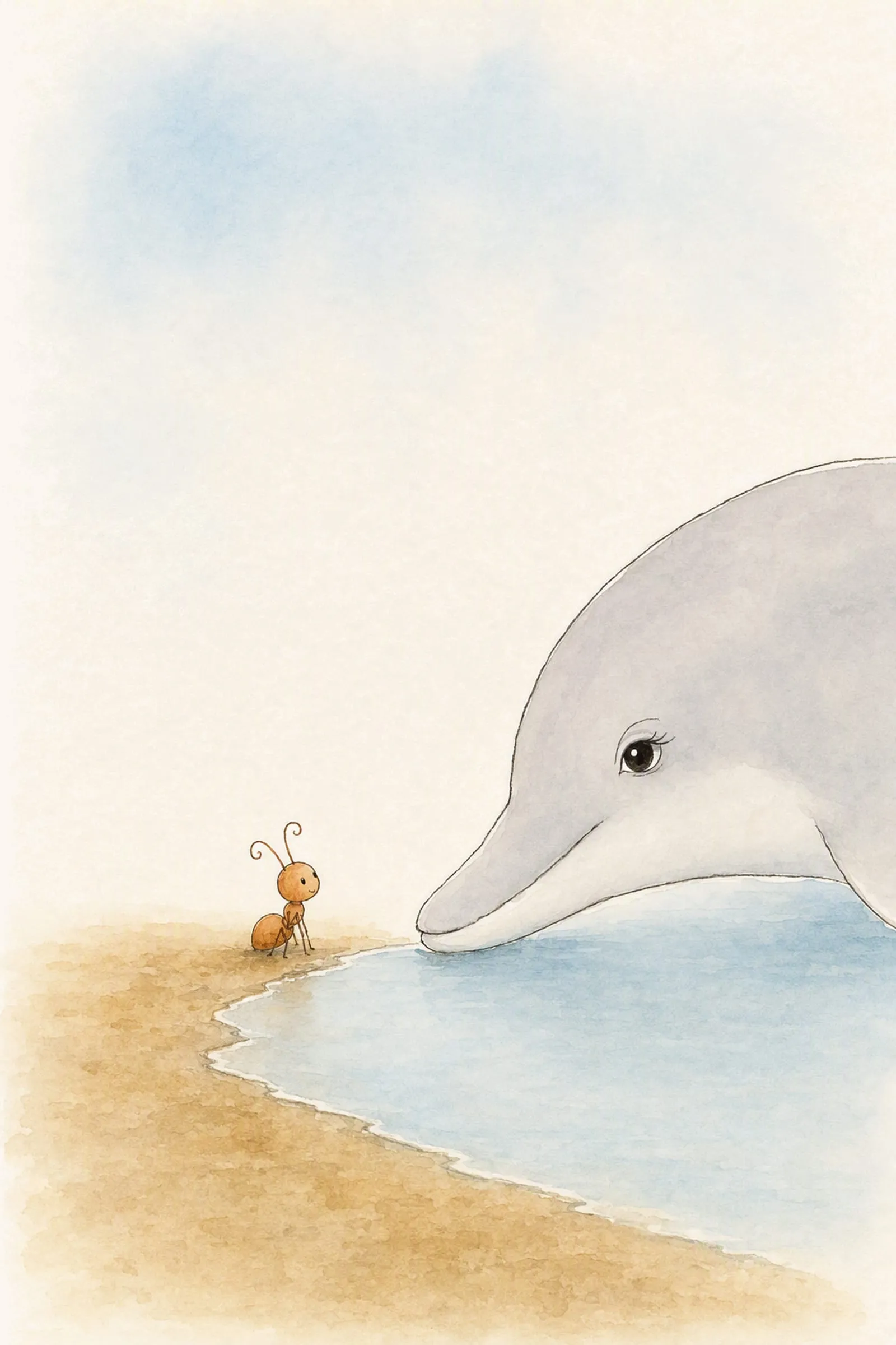 Dawn rests her head low at the water's edge beside Pip, who sits cross-legged on the sand listening, close and calm across the thin line.