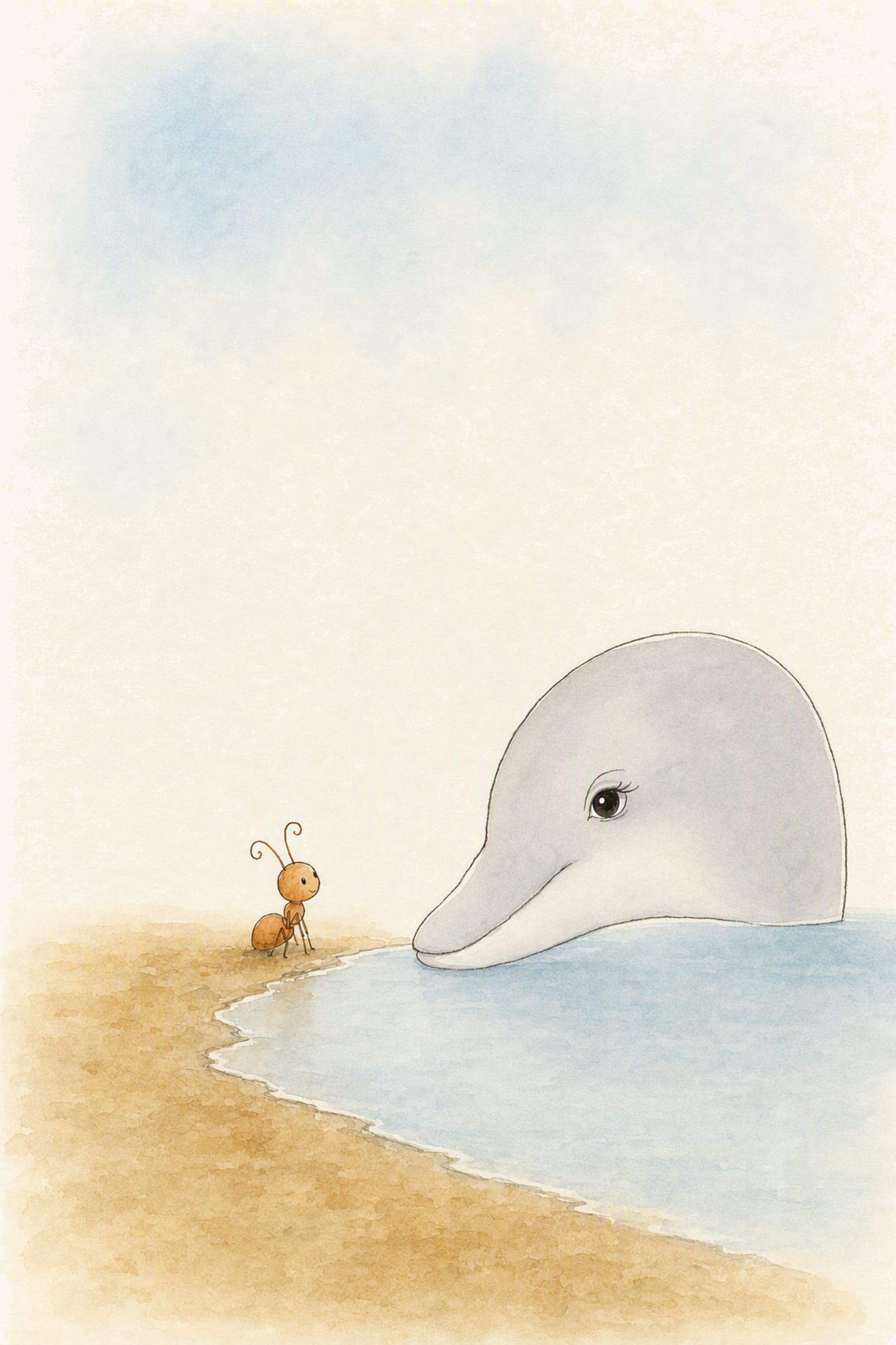 Dawn rests her head low at the water’s edge beside Pip, who stands on the sand looking up at her, close and calm across the thin line.