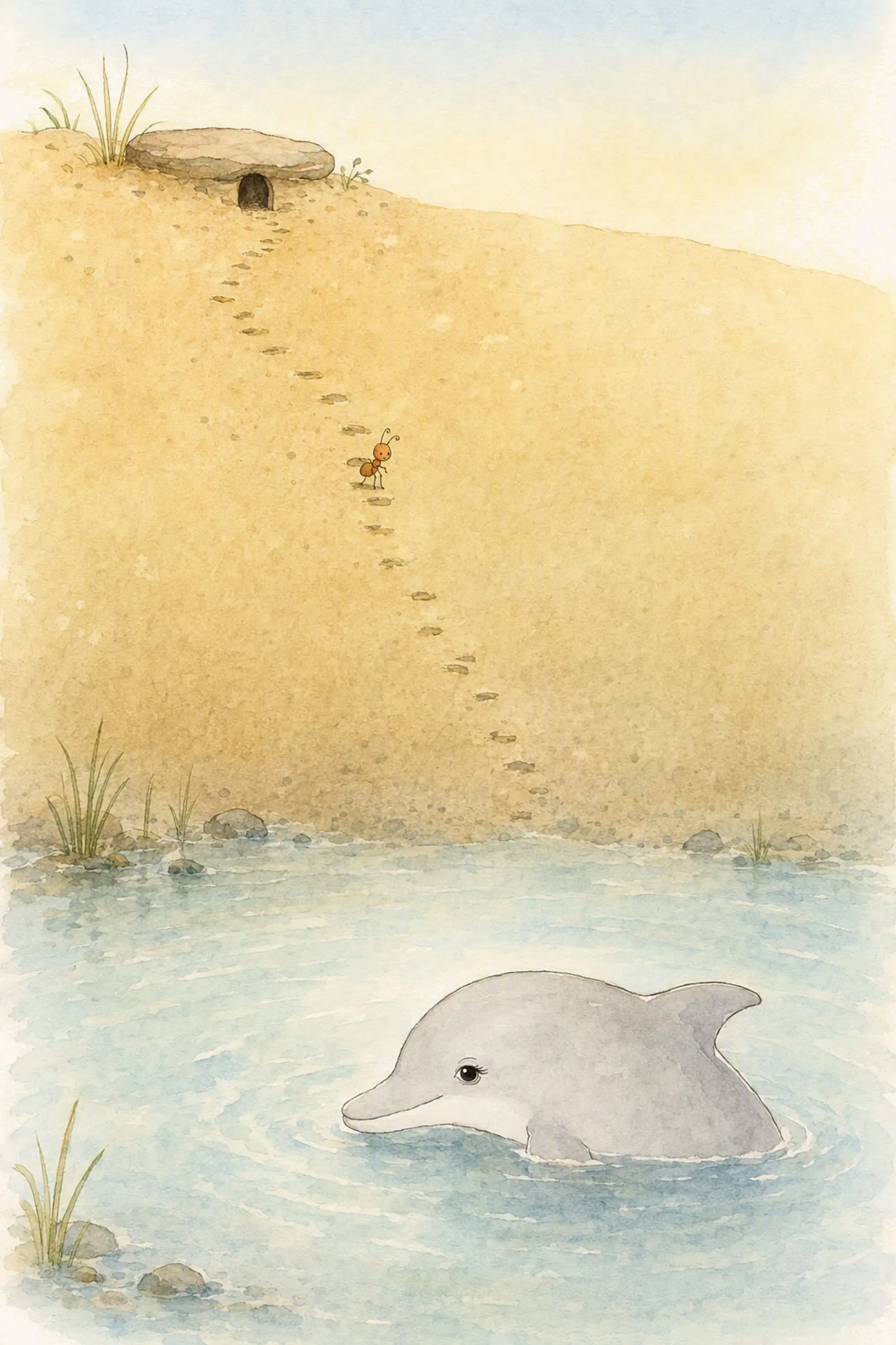 A line of tiny steps zigzags down the sand from a burrow under a stone towards the pool, where Pip descends and Dawn's head breaks the surface, both arriving.