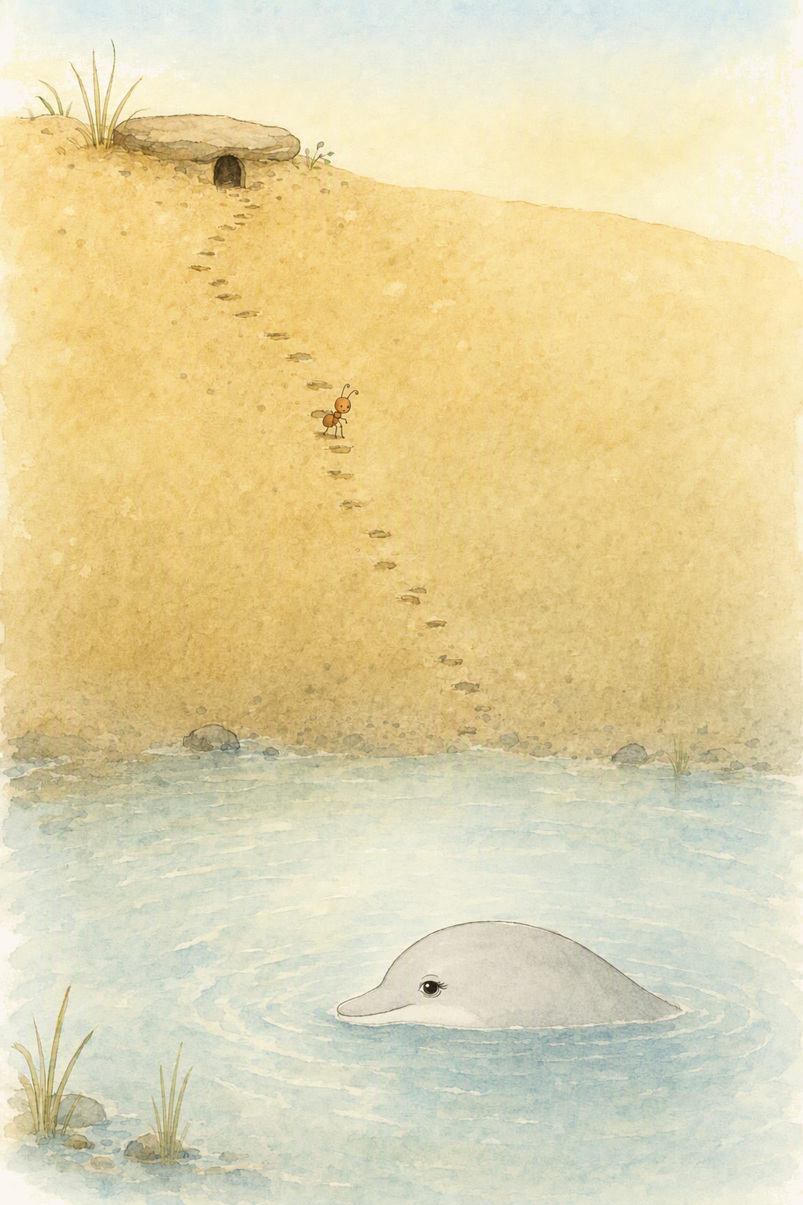 A line of tiny steps zigzags down the sand from a burrow under a stone towards the pool, where Pip descends and Dawn’s head breaks the surface, both arriving.