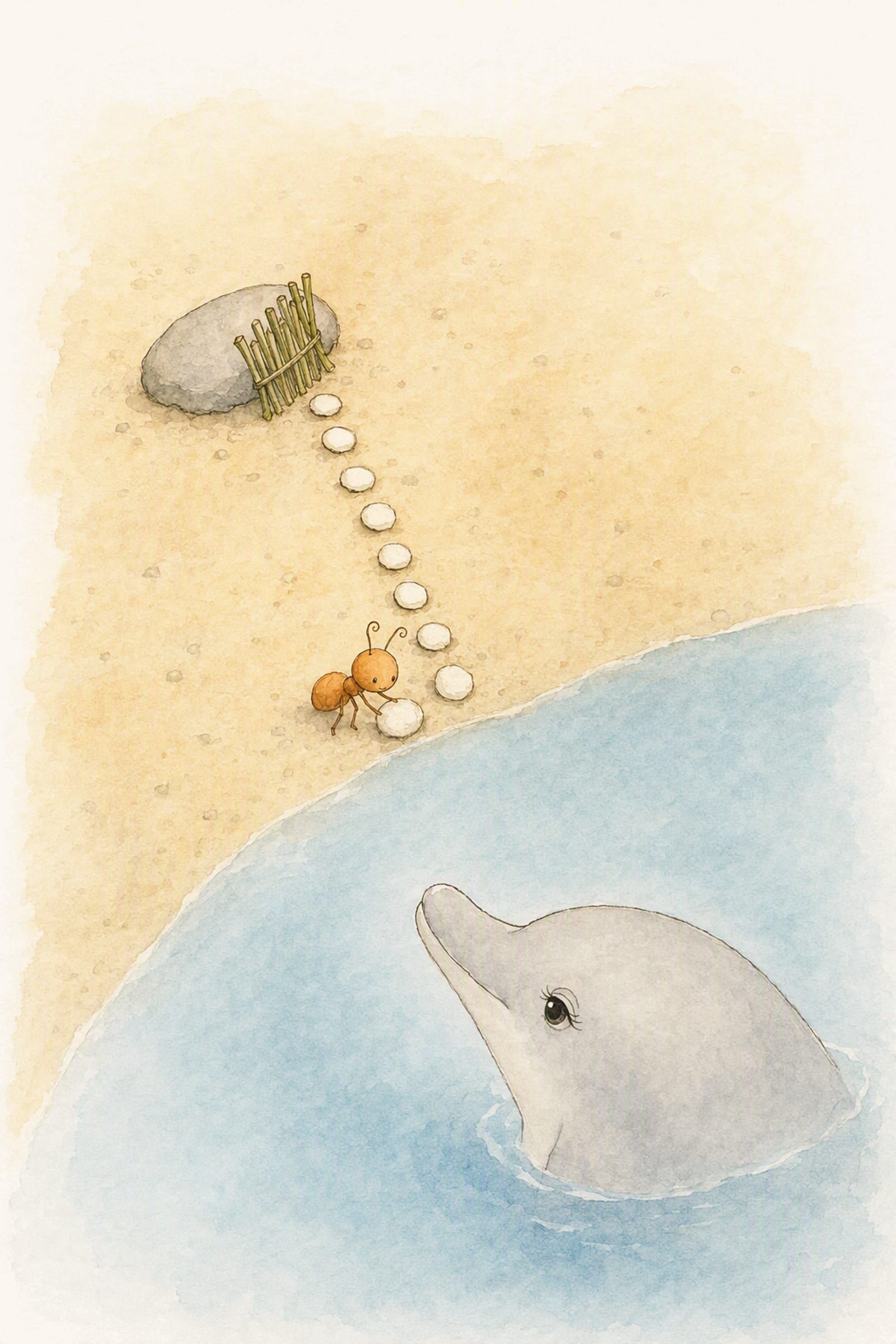 Pip adjusts the last of a line of white pebbles beside a small reed backrest while Dawn watches warmly from the pool, busy and admired.