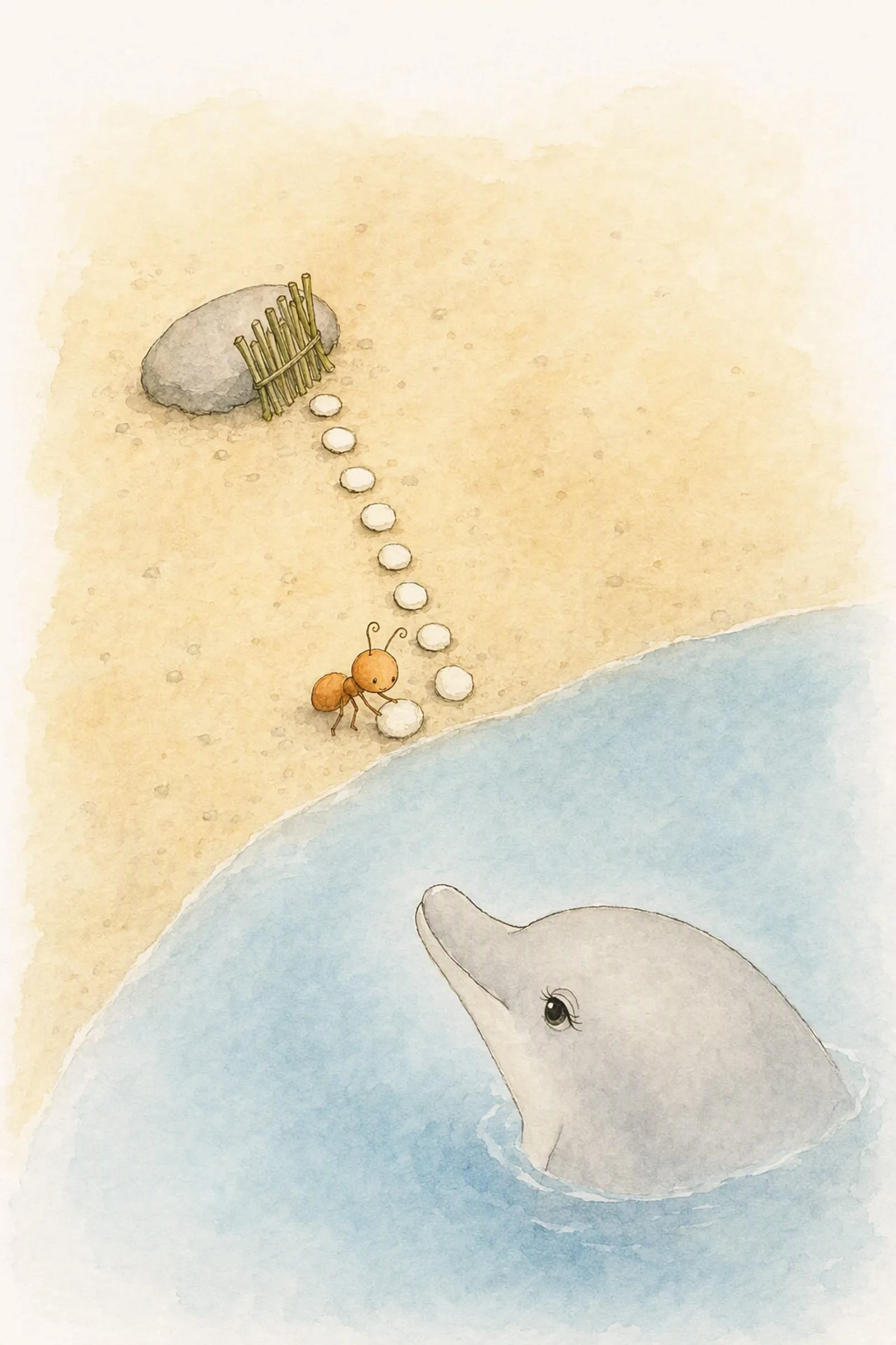 Pip adjusts the last of a line of white pebbles beside a small reed backrest while Dawn watches warmly from the pool, busy and admired.