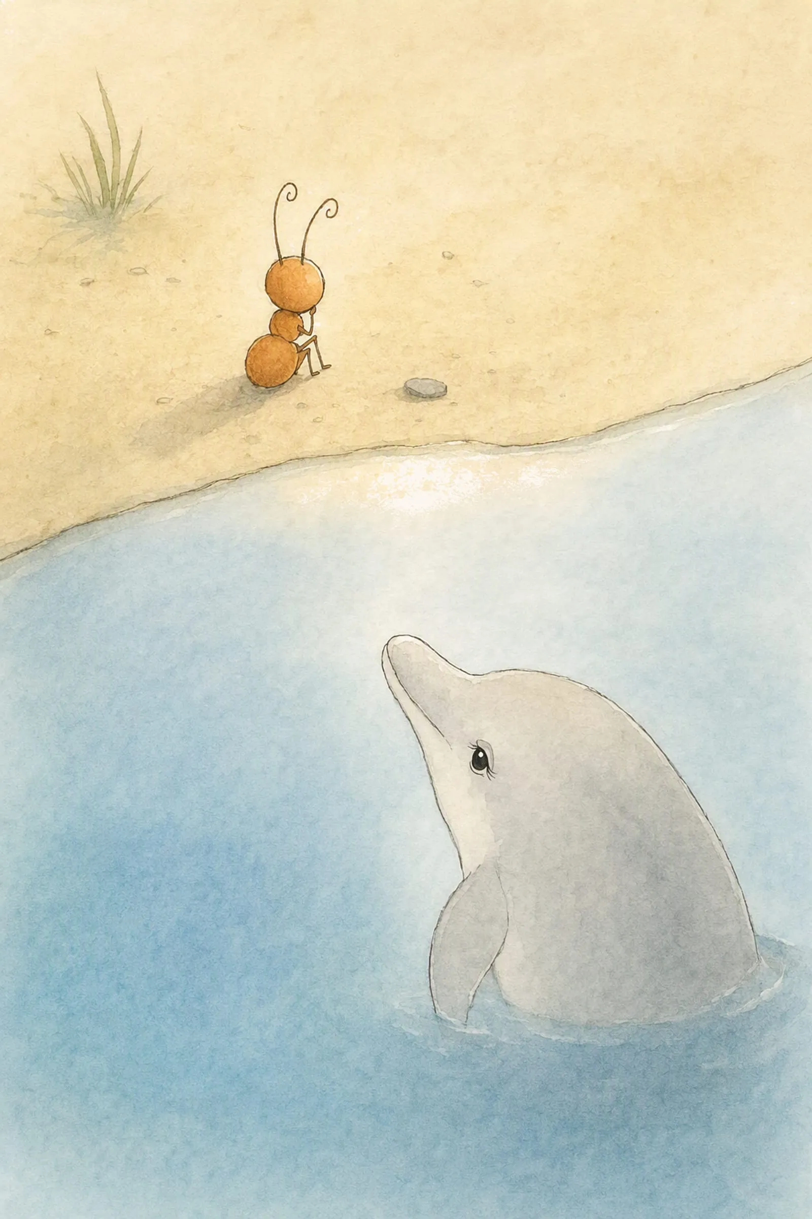 Pip sits on the sand and Dawn rests in the evening pool with their faces close across the thin line of the water's edge, near and apart.