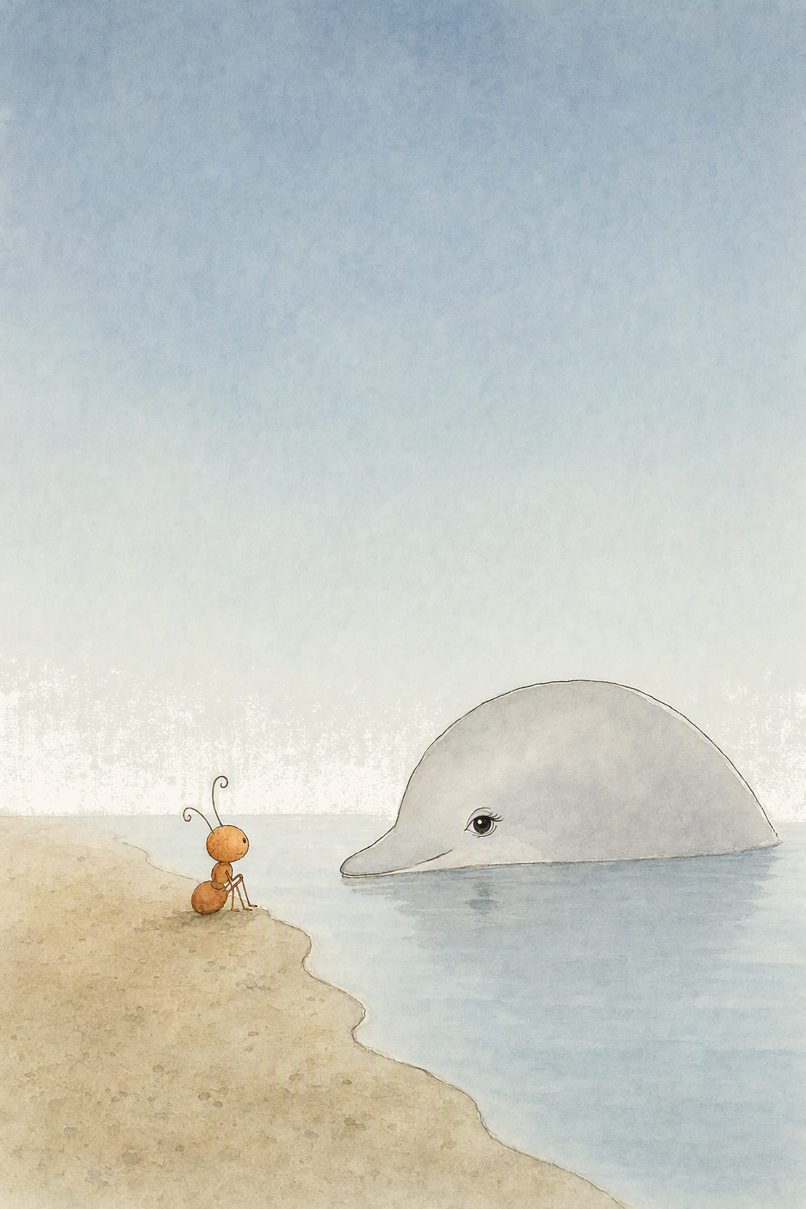 Pip sits small on the evening sand while Dawn rests in the grey-blue water with her head level with his, their faces near across the thin line of the water's edge, near and apart.