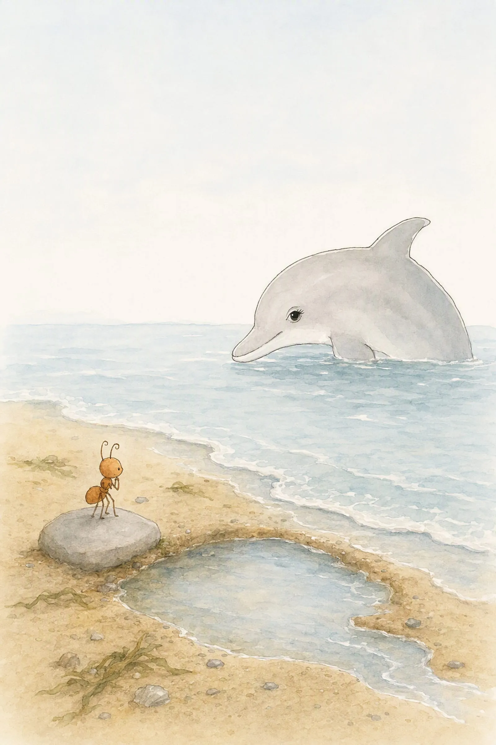The morning tide runs up the sand to refill the pool while Pip watches from the grey stone and Dawn arrives in the swell, both waiting for it.