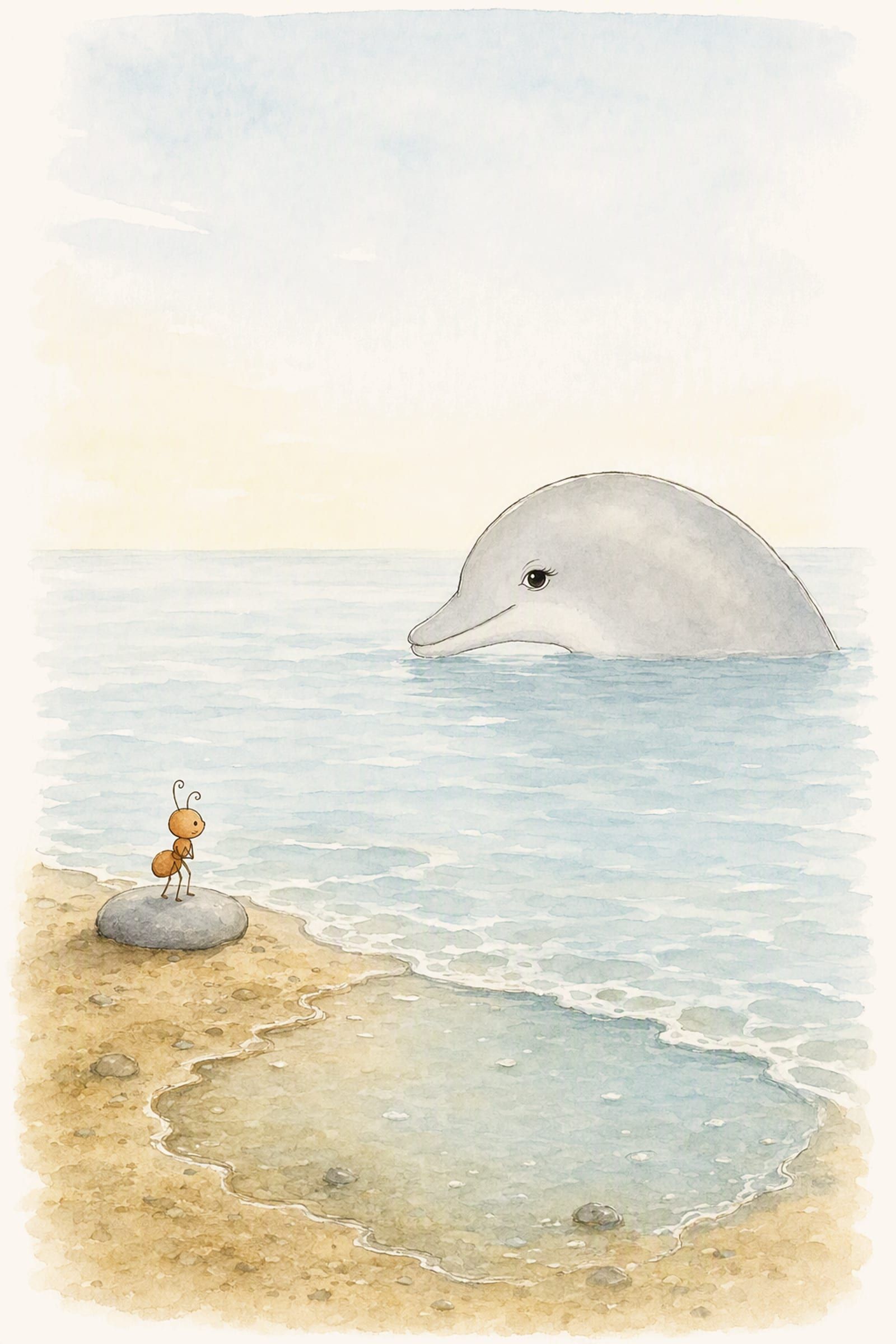 The morning tide runs up the sand to refill the pool while Pip watches from the grey stone and Dawn arrives in the swell, both waiting for it.