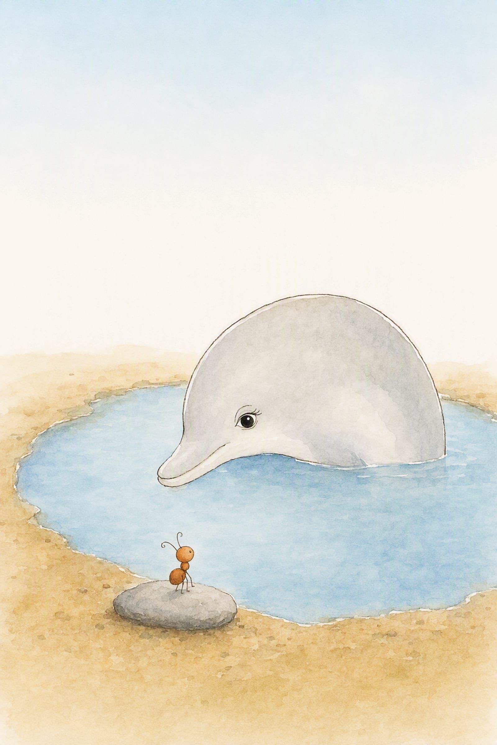 Dawn lifts her head and the rise of her back out of the still pool and looks down towards Pip, who stands very small on a flat grey stone at its edge, both quite still.