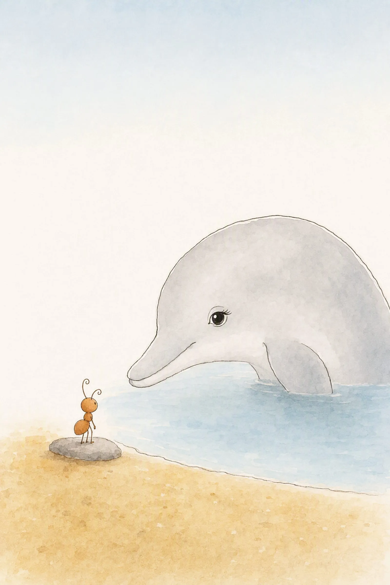 Dawn holds her head out of the still pool looking down at Pip, who stands very small on a flat grey stone looking up at her, both quite still.