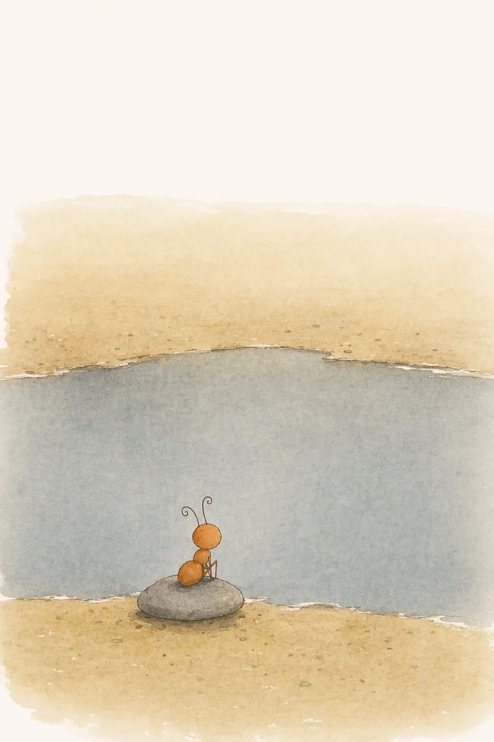 Pip sits alone on the flat grey stone at the edge of the still pool, facing water that nothing breaks, small and patiently waiting.